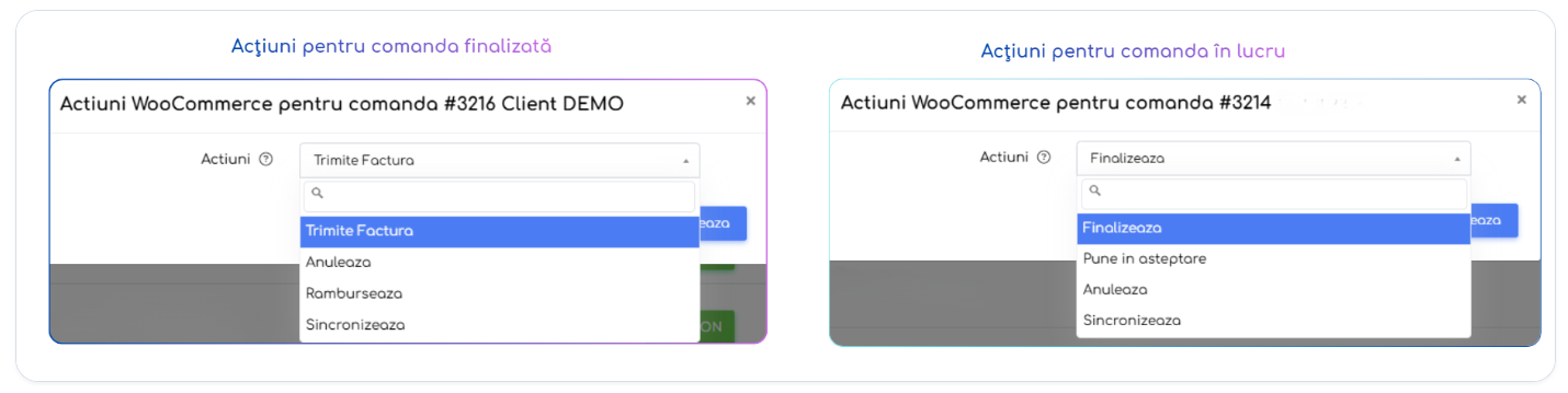 Acțiuni comenzi