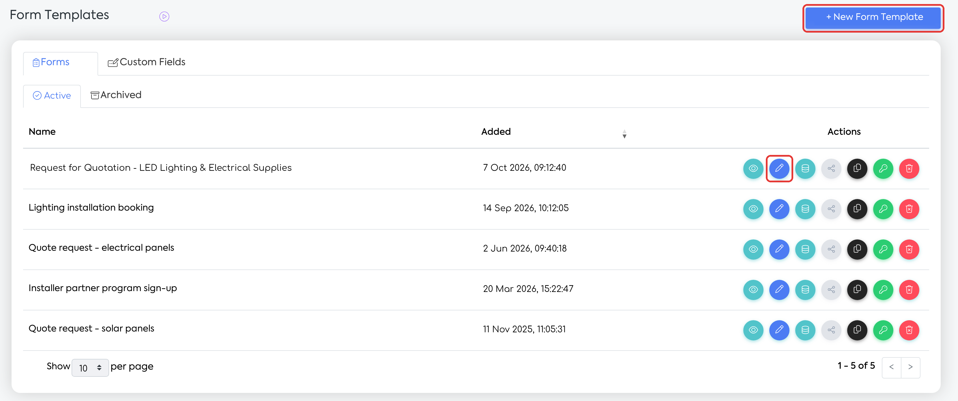 Marketing → Forms: the New Form Template button and the Edit action on the form row.