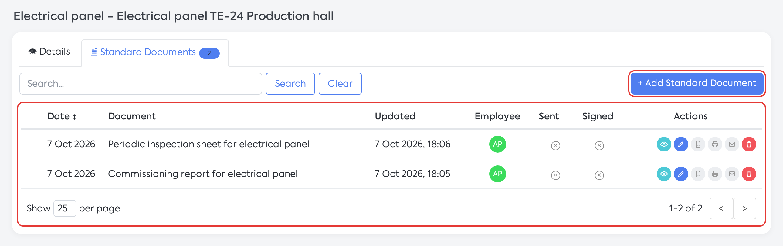 The equipment's Standard Documents tab, with the two generated documents and the Add Standard Document button