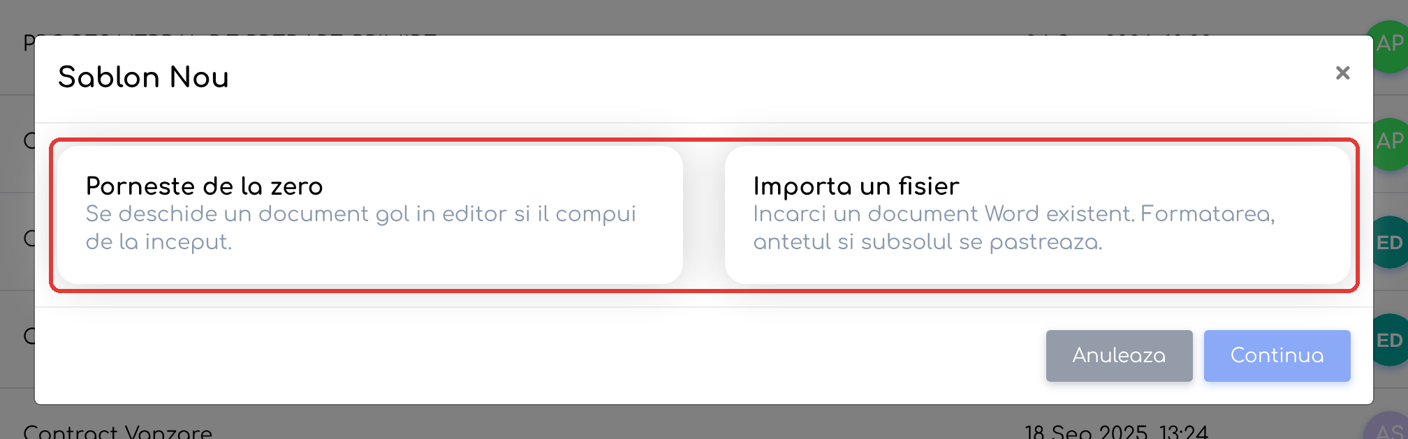 Fereastra Sablon Nou, cu cele două variante; butonul Continua este inactiv până alegeți una.