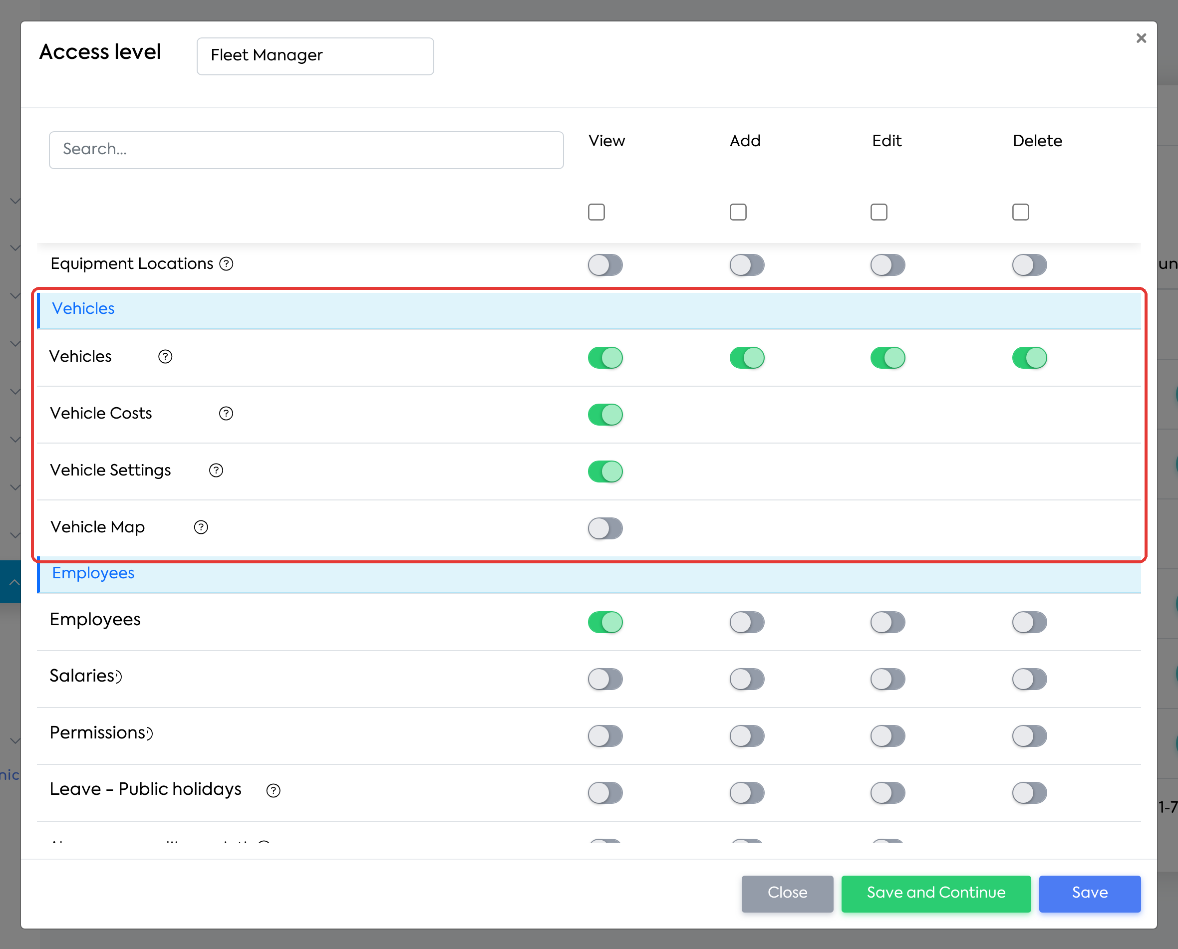 The Vehicles group in the “Fleet Manager” access level.