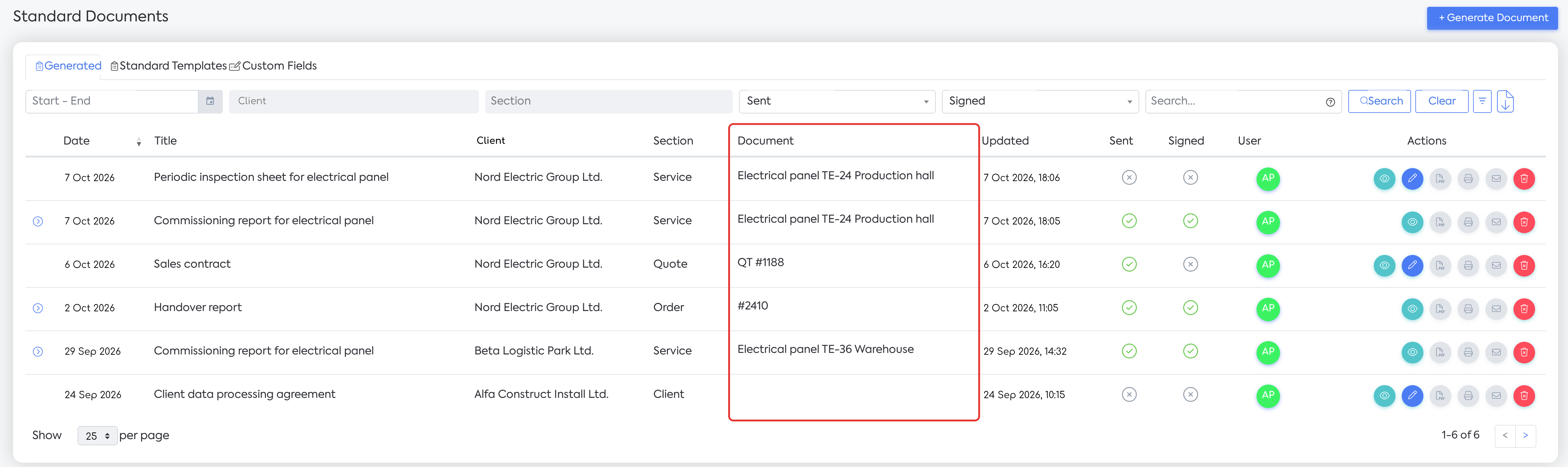 Documents → Standard Documents, Generated tab: for service documents, the Document column displays the equipment name