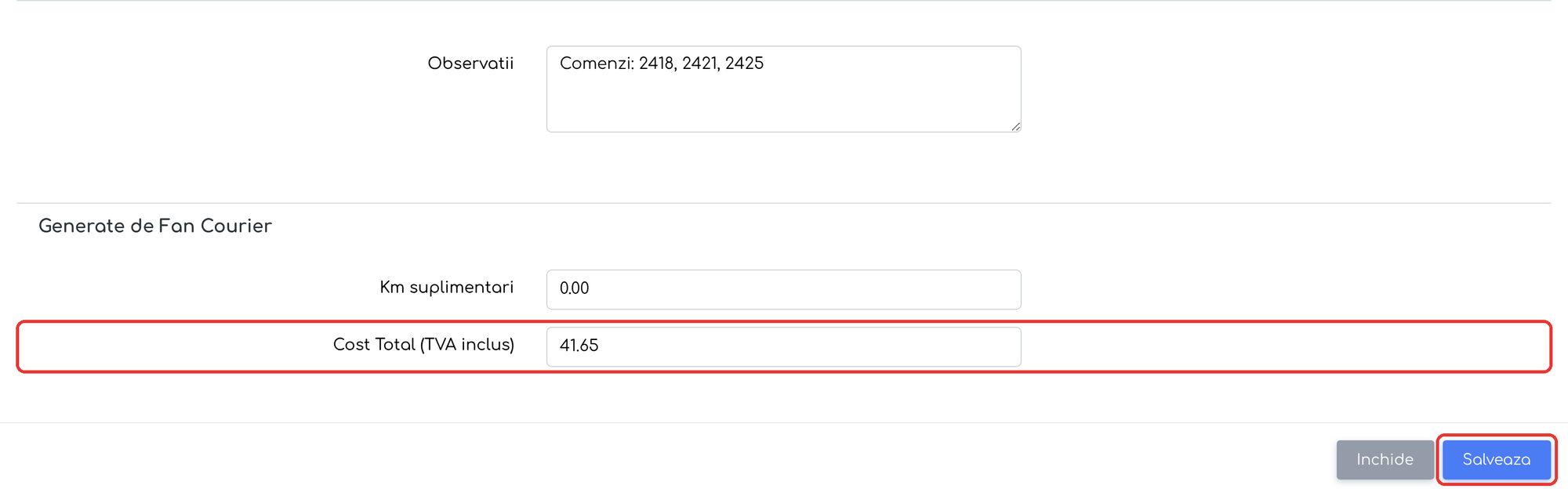 Costul calculat de FAN Courier, înainte de salvarea AWB-ului.
