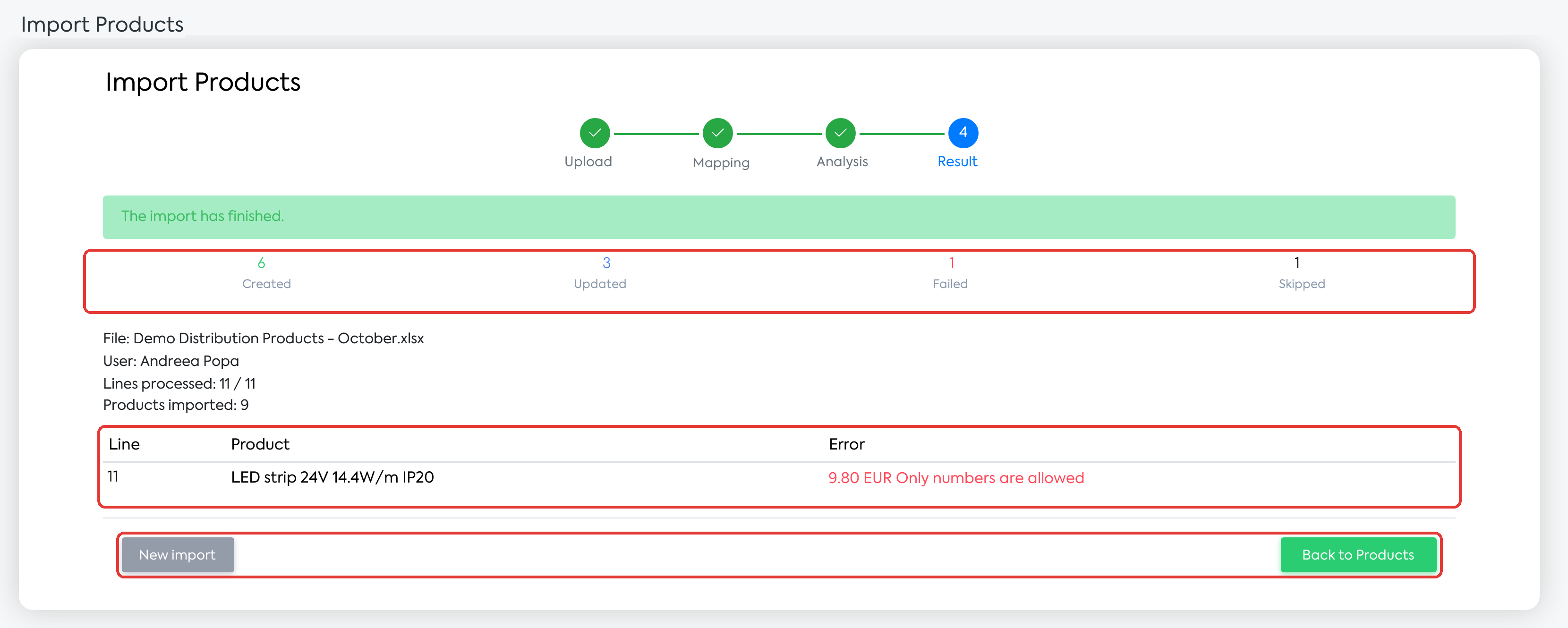 The Result step: 6 products created, 3 updated, 1 failed, and 1 skipped, with the error for the failed line.