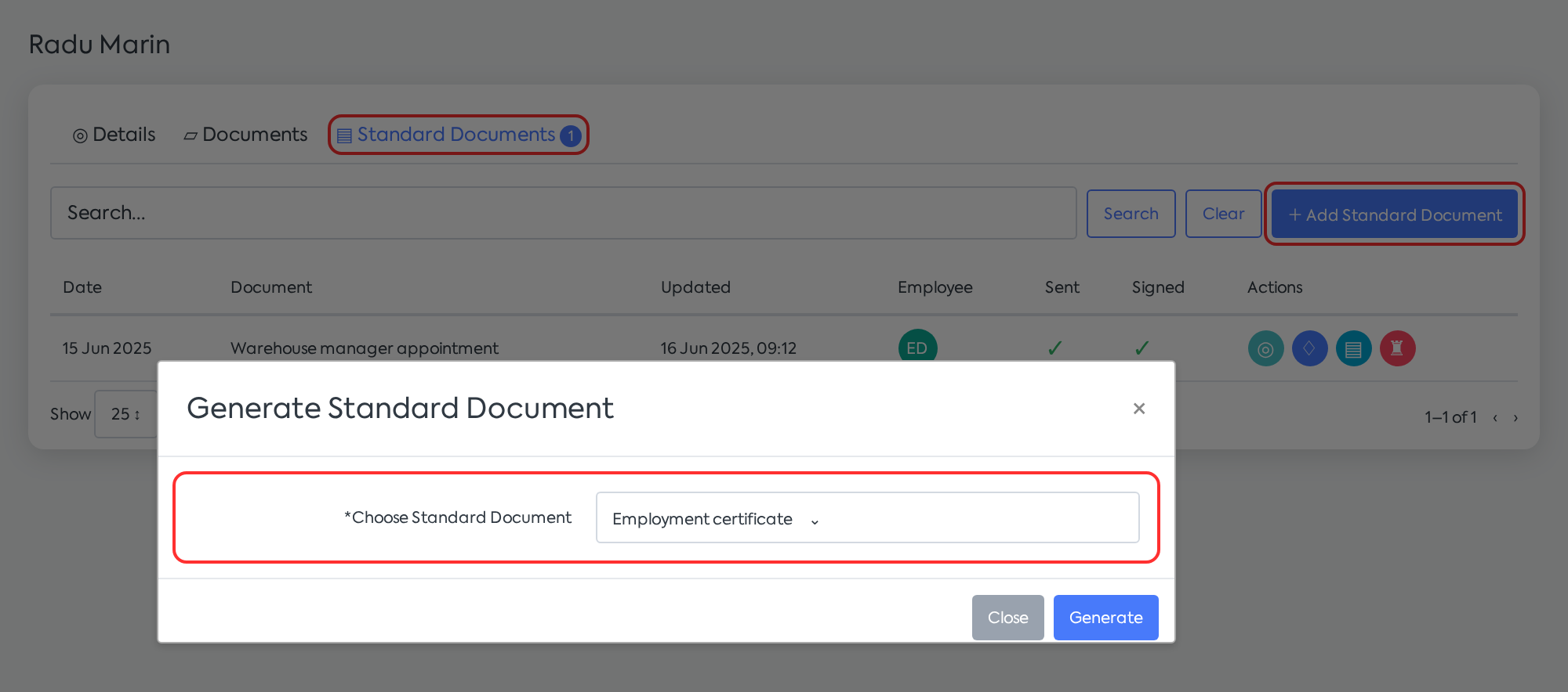Choosing the template from the employee's Standard Documents tab.