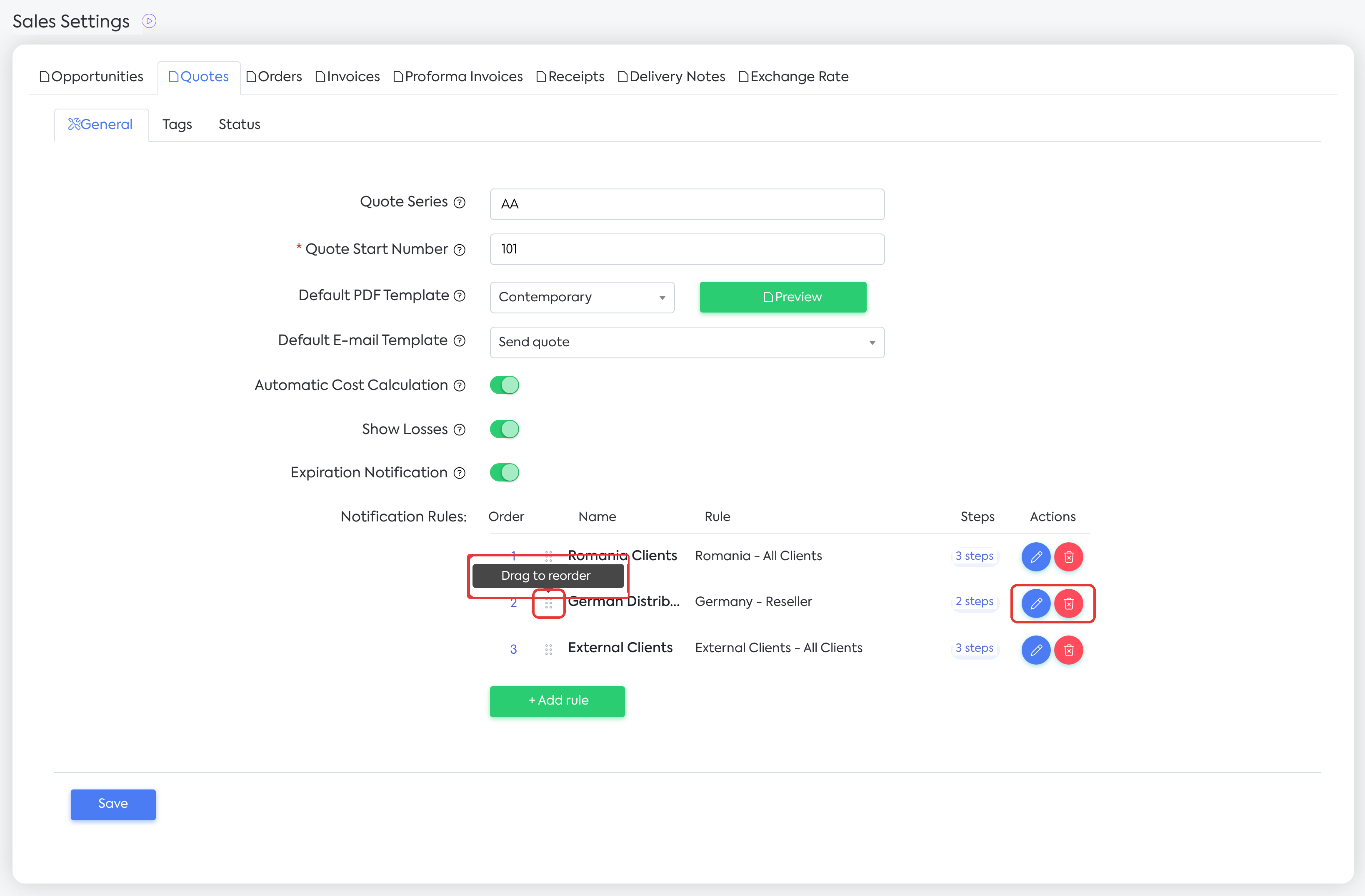 Reordering rules: the handle to the left of the name and the Edit and Delete actions