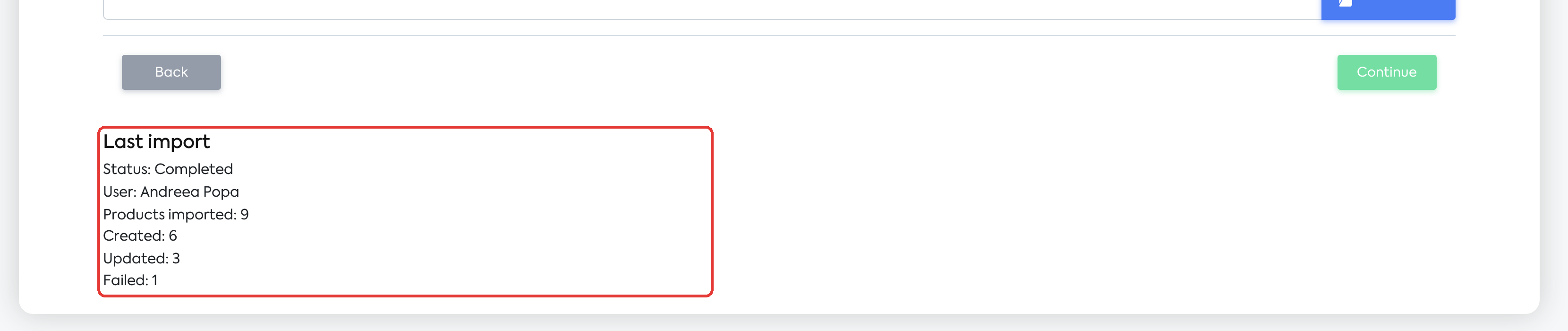 The Last import card, on the import page.