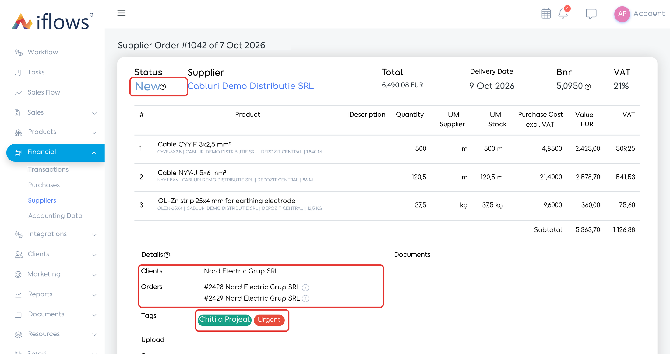 Supplier order #1042: status New, linked to orders #2428 and #2429, with the tags copied.