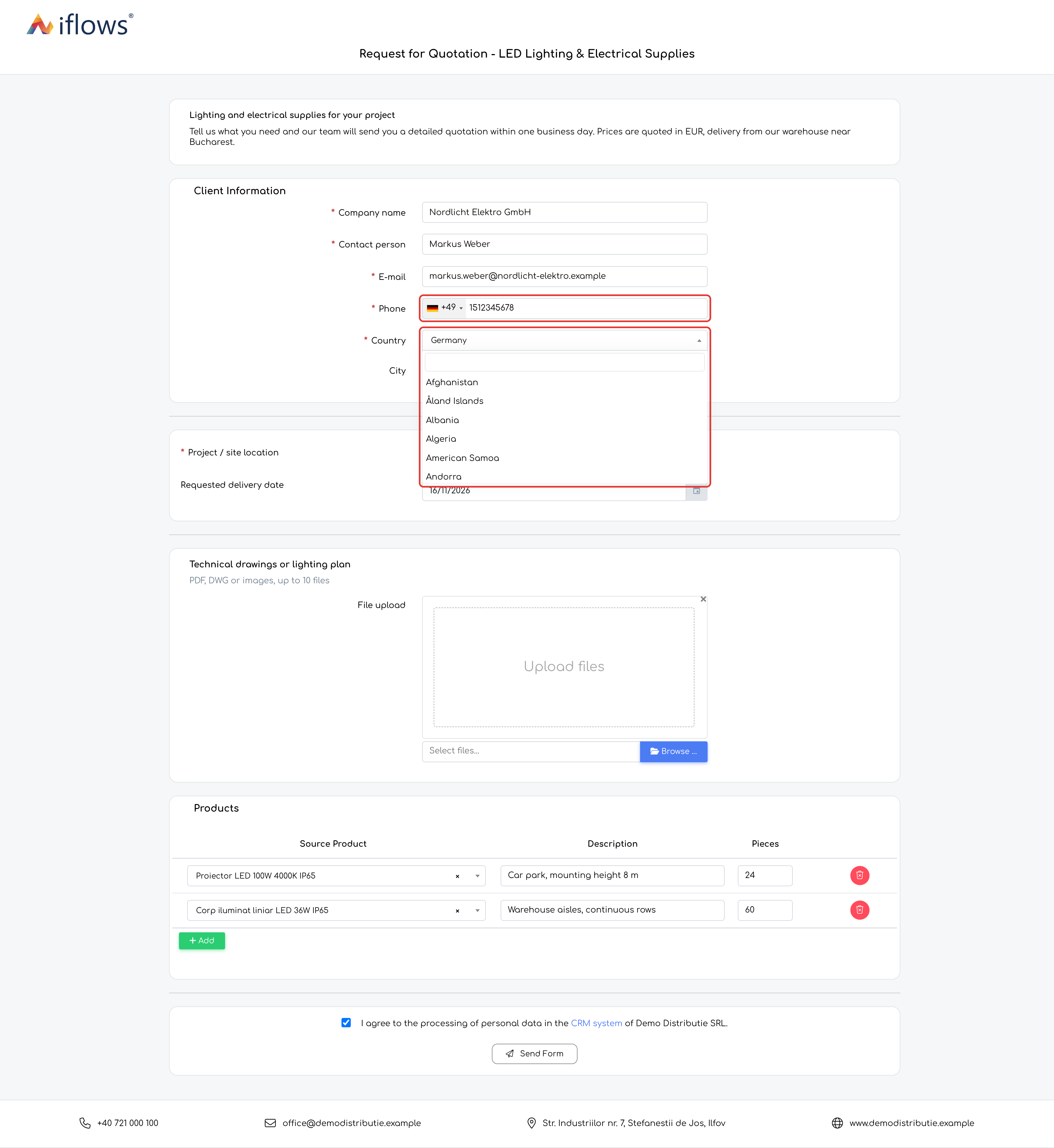 Validation messages appear in the form language; the phone and country fields start with the company’s country.