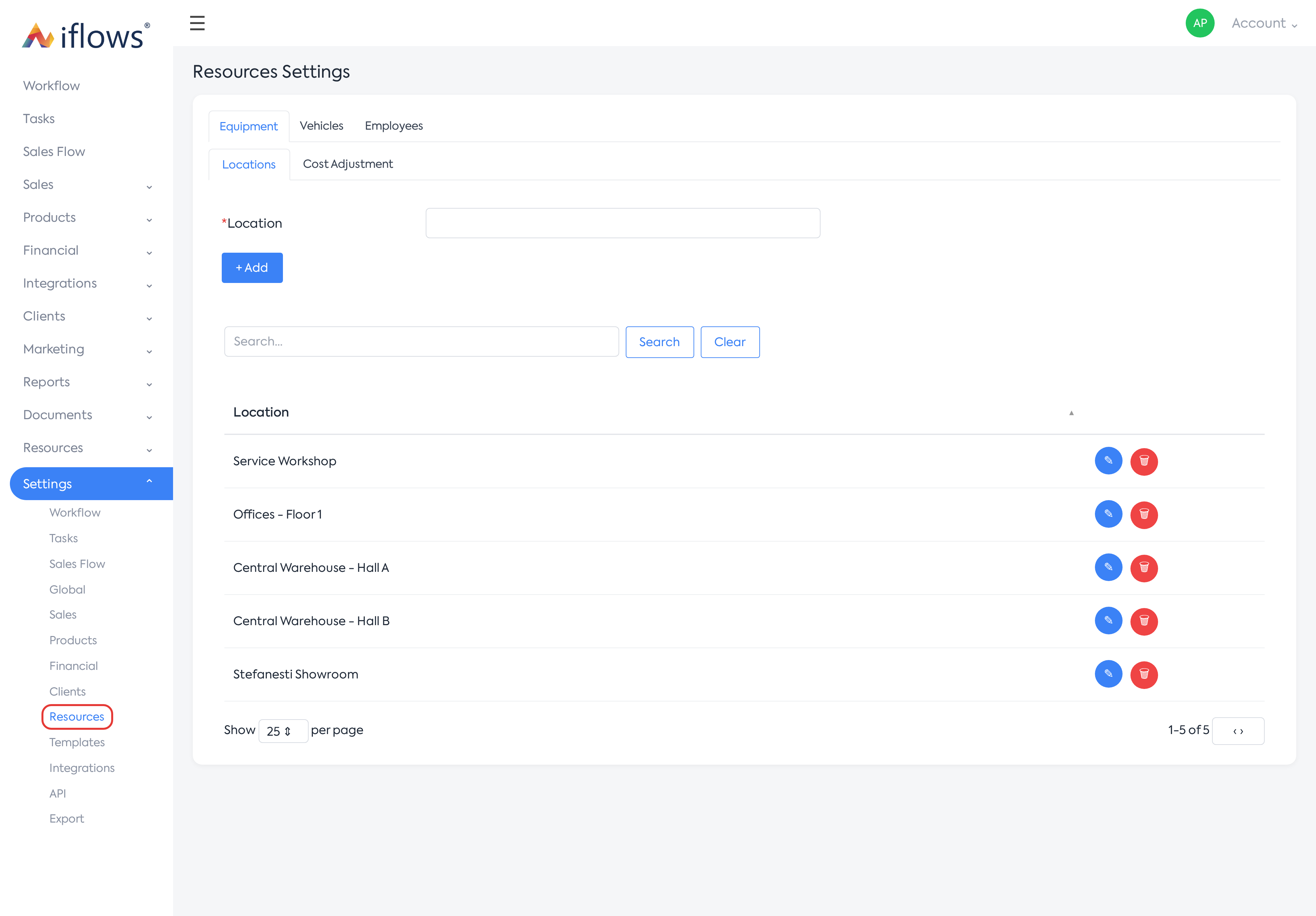 The Settings menu expanded, with the Resources entry.