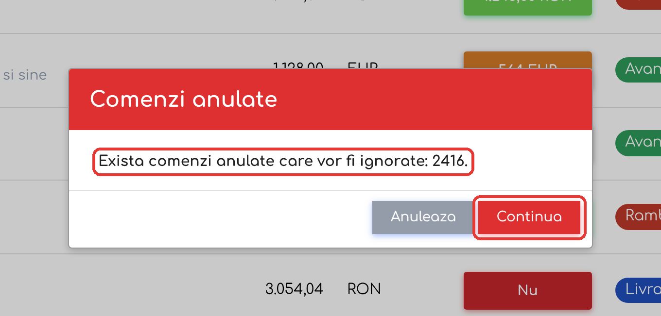 Comanda anulată 2416 este ignorată, iar AWB-ul se generează pentru celelalte comenzi.