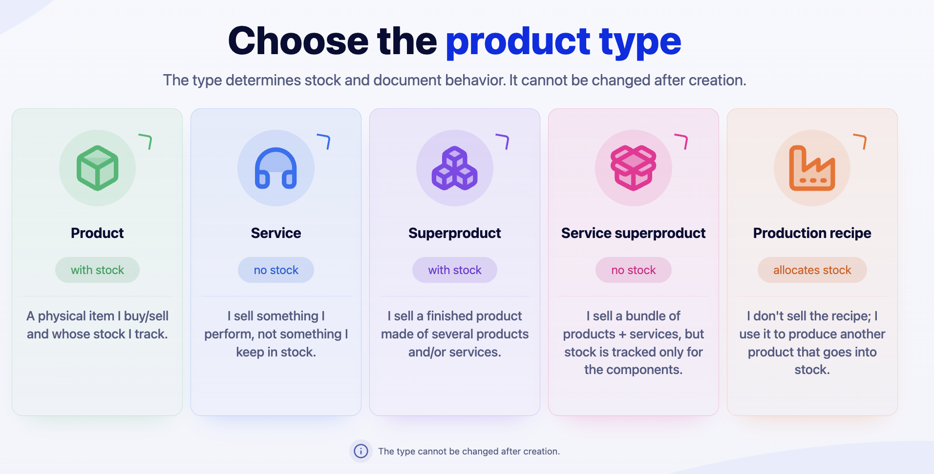 Choose the product type: Product, Service, Superproduct, Production recipe