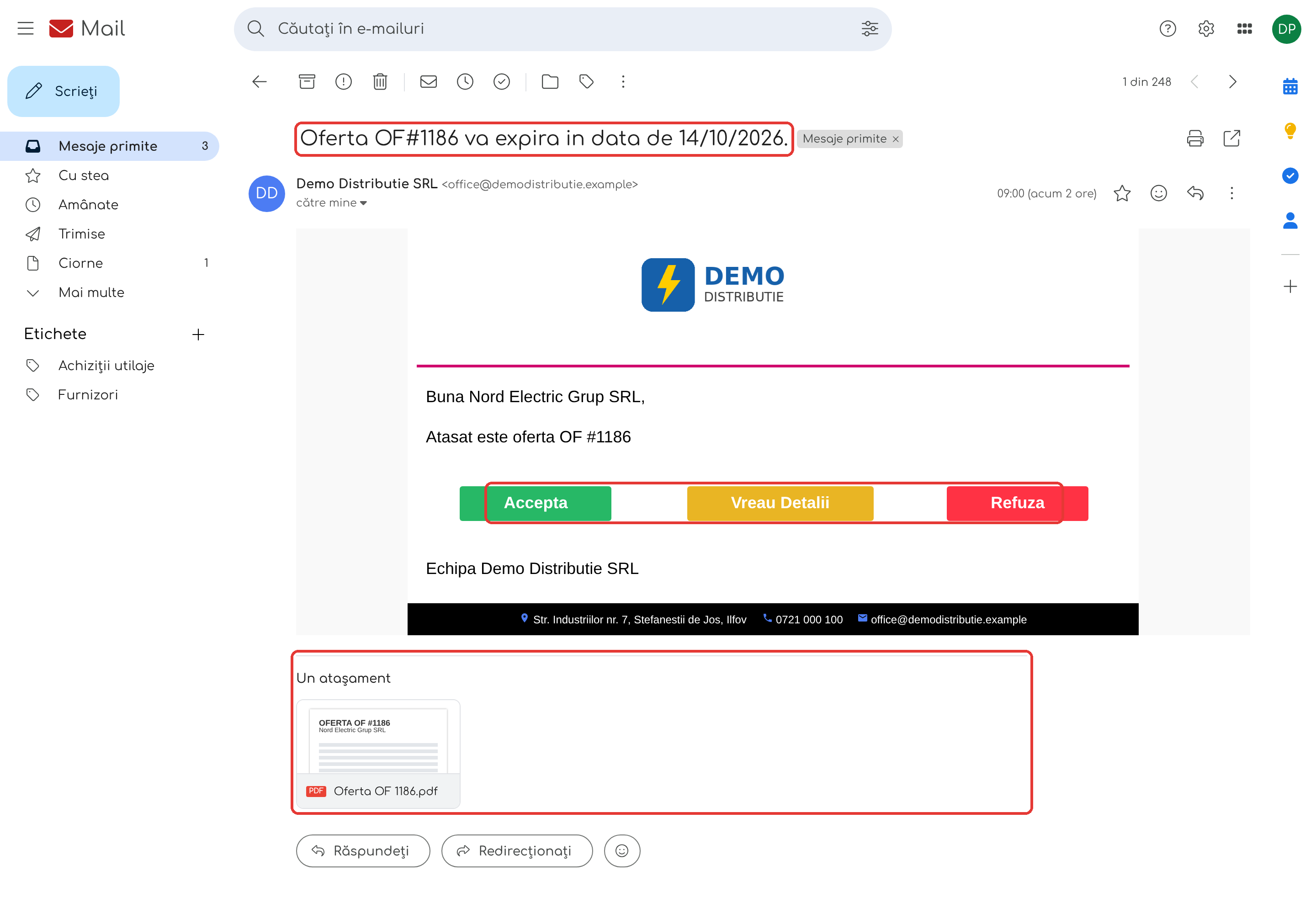 Reamintirea primită de client cu 7 zile înainte de expirare: PDF-ul ofertei atașat și butoanele de răspuns