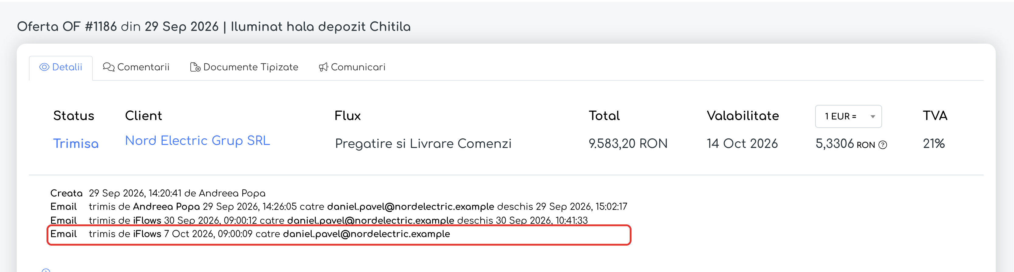 Istoricul ofertei: reamintirile trimise de iFlows cu 14 și cu 7 zile înainte de data de valabilitate