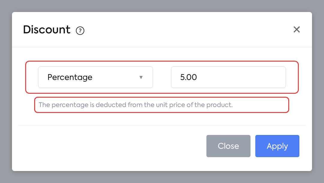 Discount window with type Percentage and value 5.00