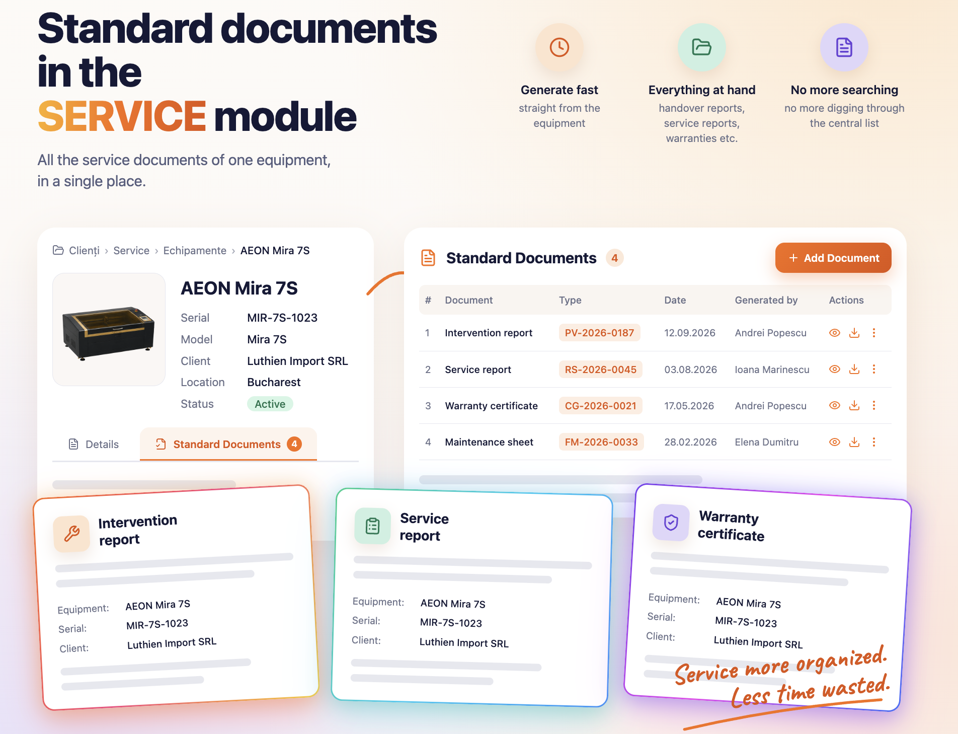 Standard documents in the Service module — all the service documents of one equipment item, in a single place