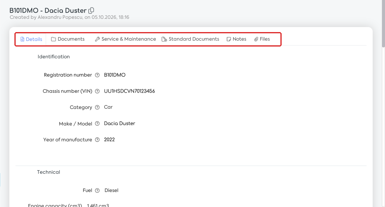 The vehicle file and its tabs.