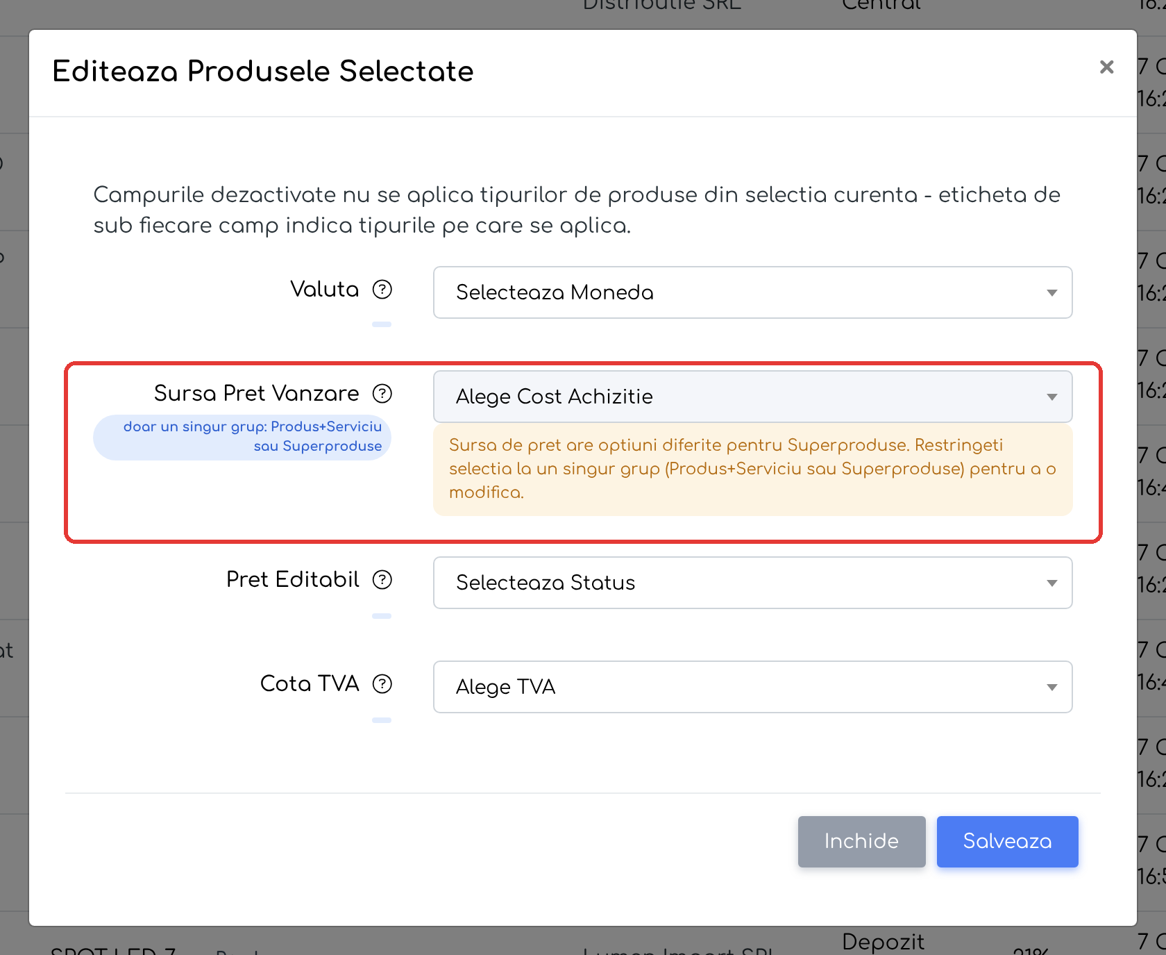 Editarea prețului pentru o selecție mixtă: Sursa Pret Vanzare este inactivă, cu mențiunea grupului la care se aplică