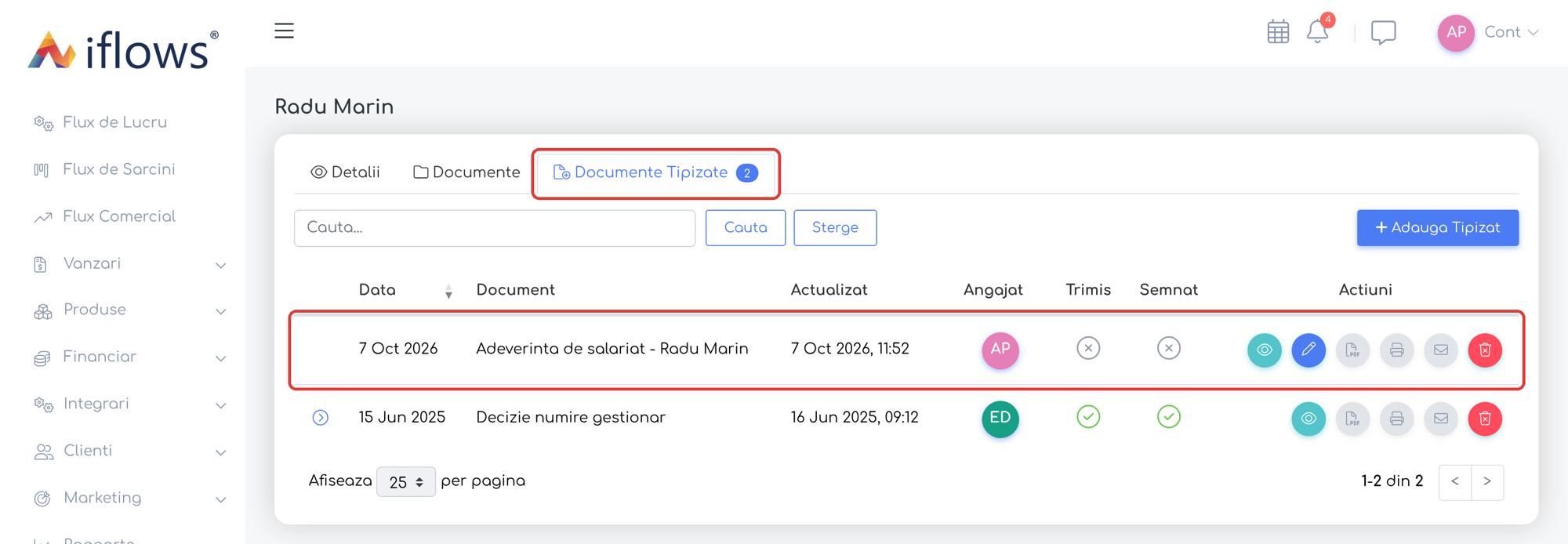 Adeverința salvată apare în fila Documente Tipizate a angajatului.