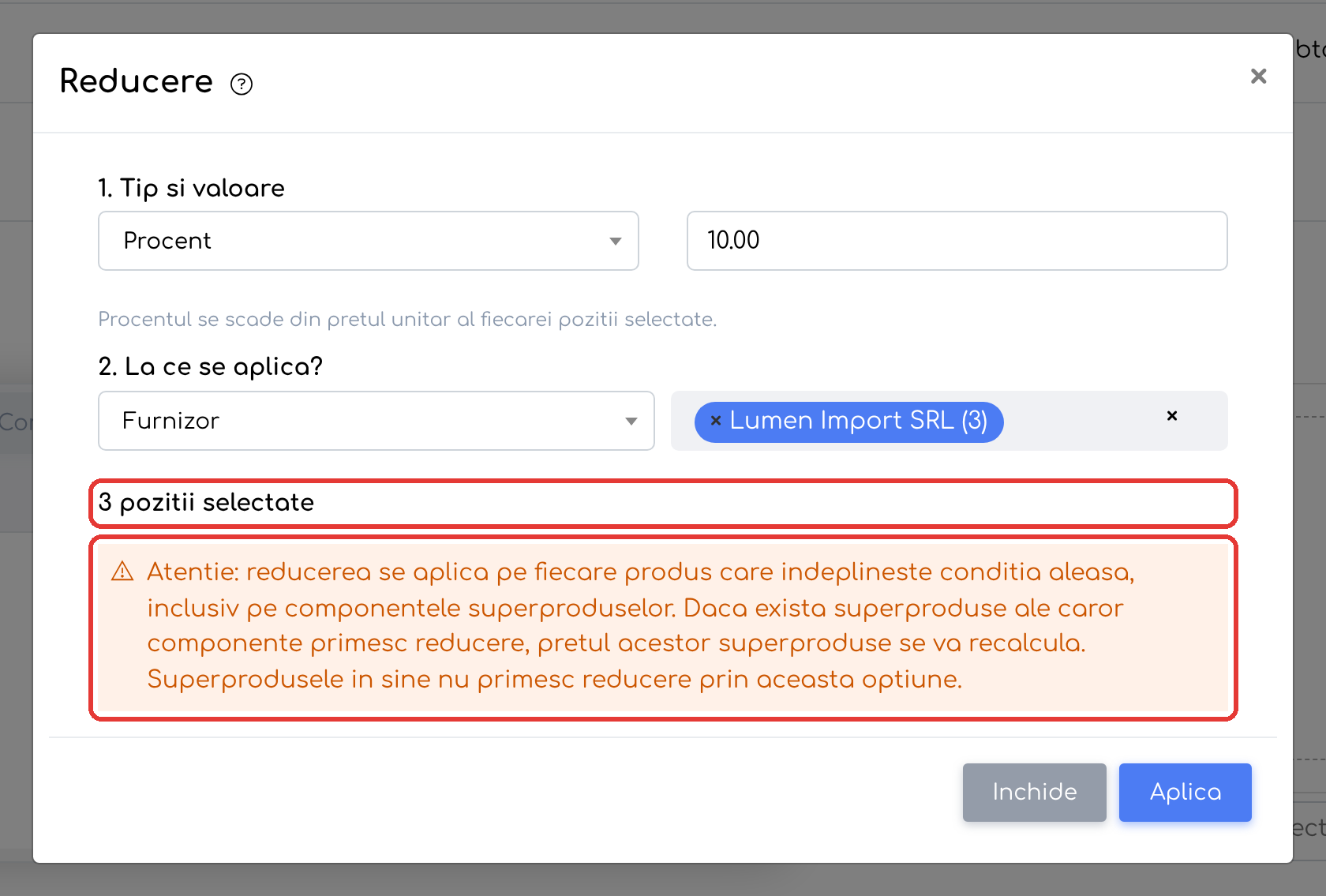Furnizorul ales, contorul „3 poziții selectate” și avertismentul despre componentele superproduselor