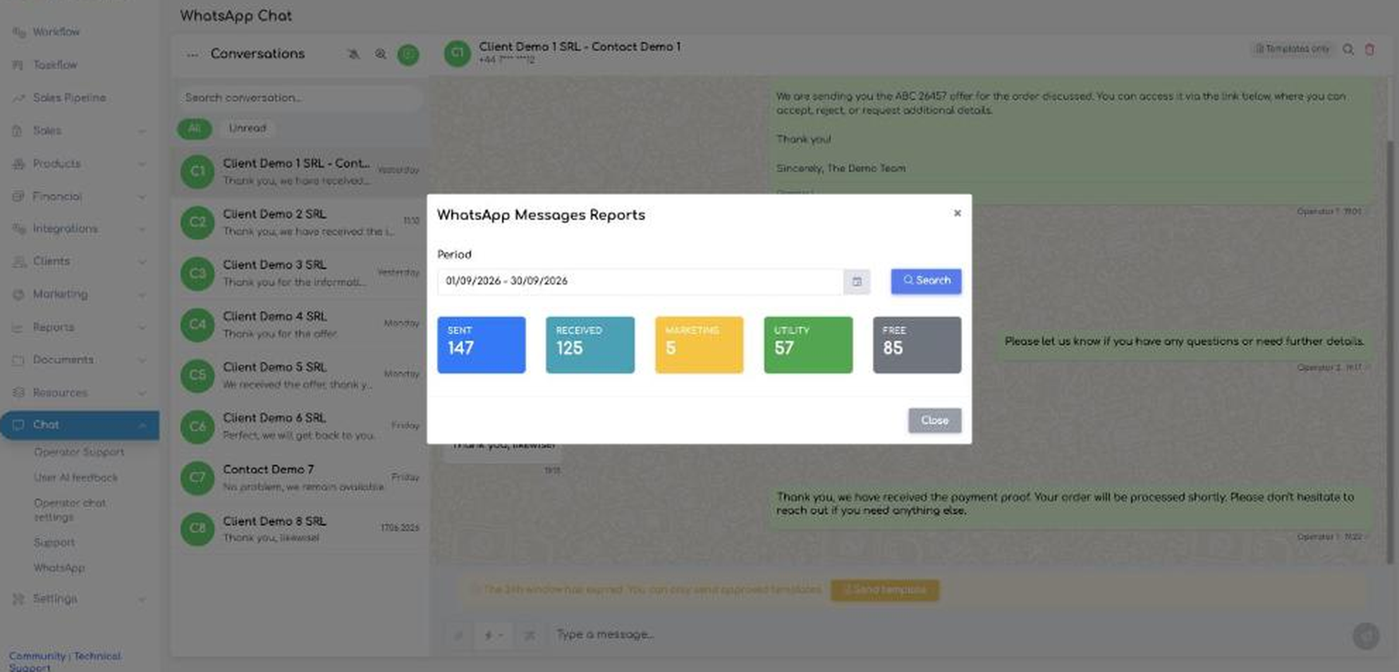 The WhatsApp Message Reports window, with counts of sent, received, marketing, utility and free messages