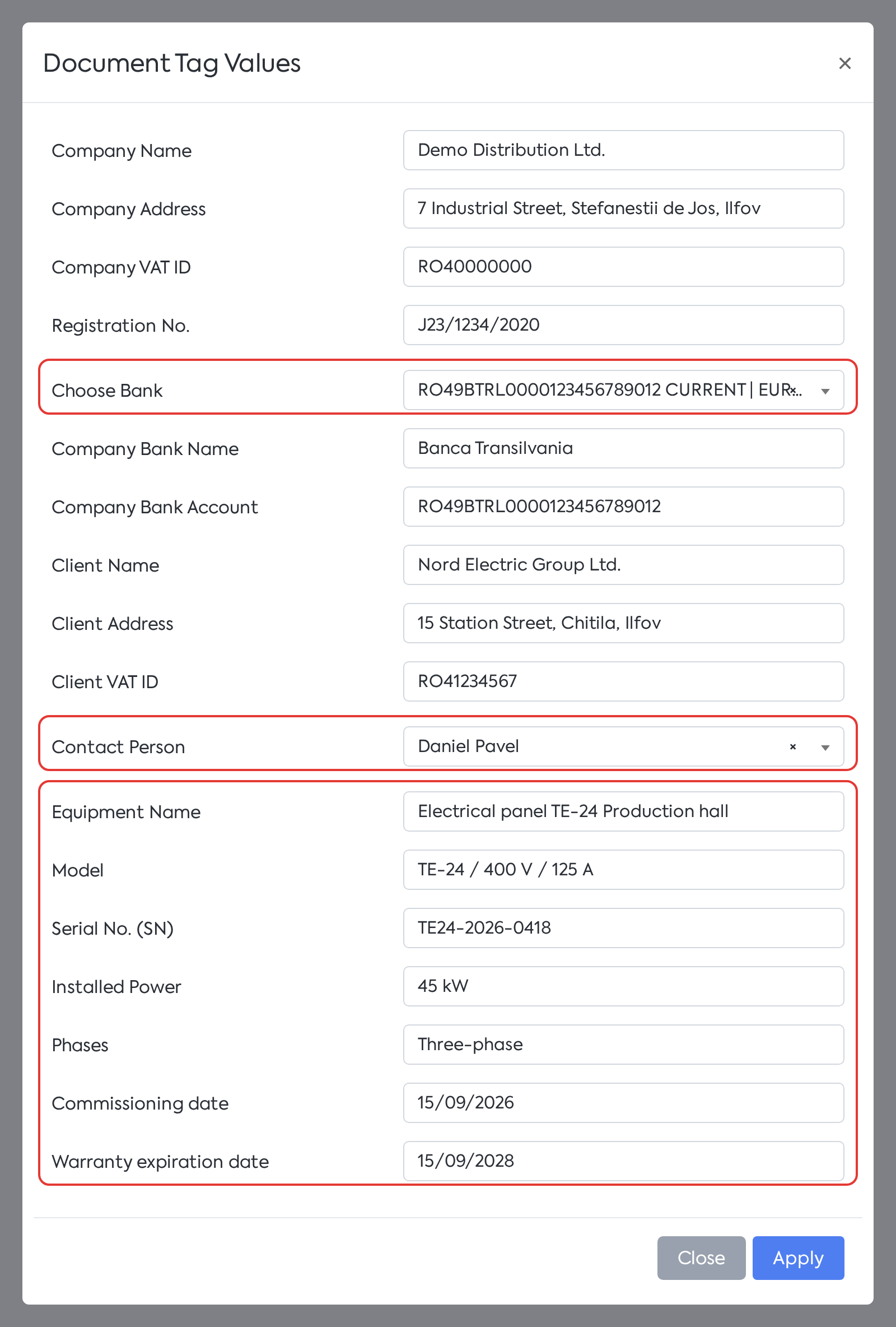 Document Tag Values: company, client, and equipment data are automatically retrieved; the bank account and contact person are chosen from a list