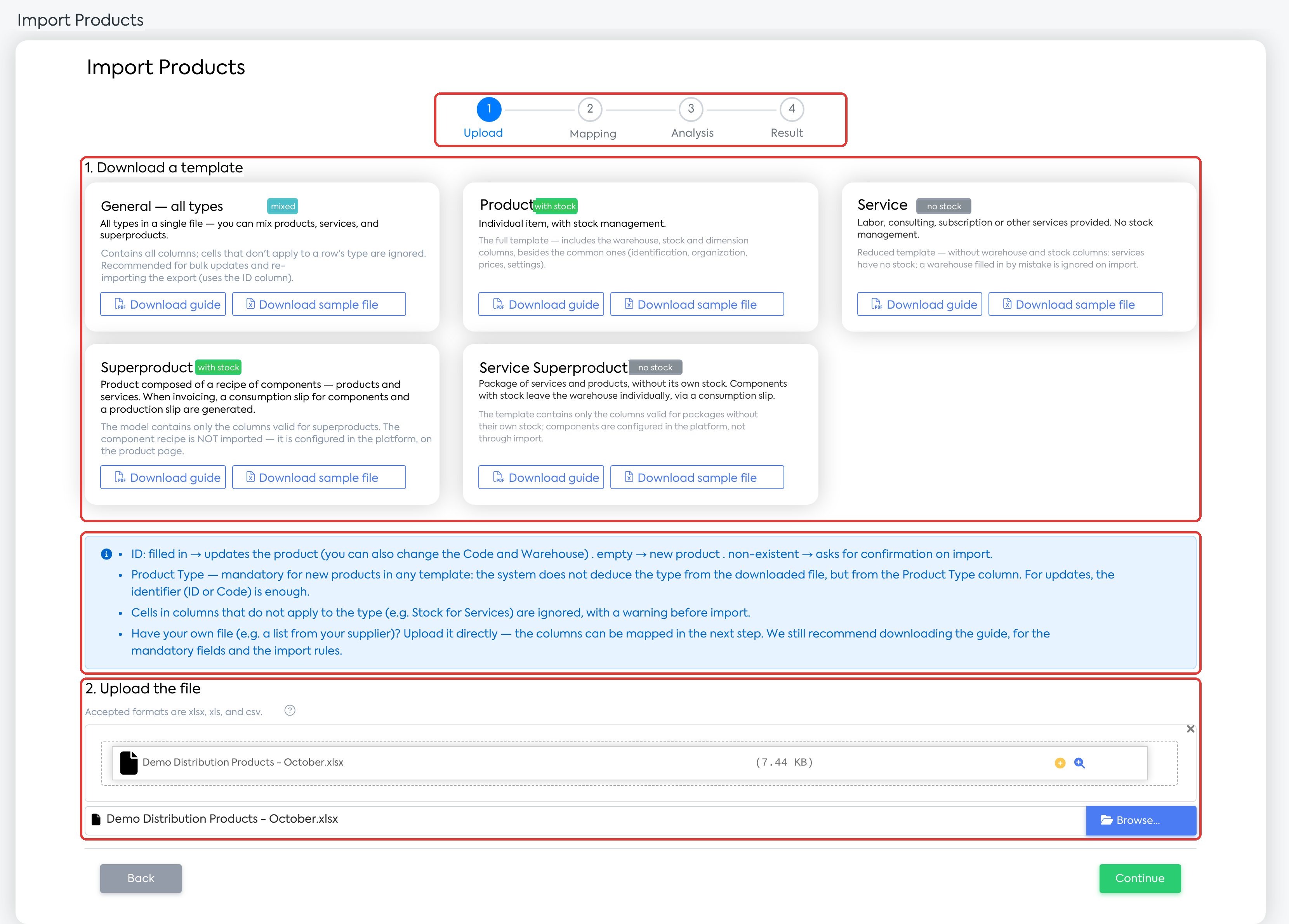 The Upload step: the five templates, the box with the main rules, and the file chosen for import.