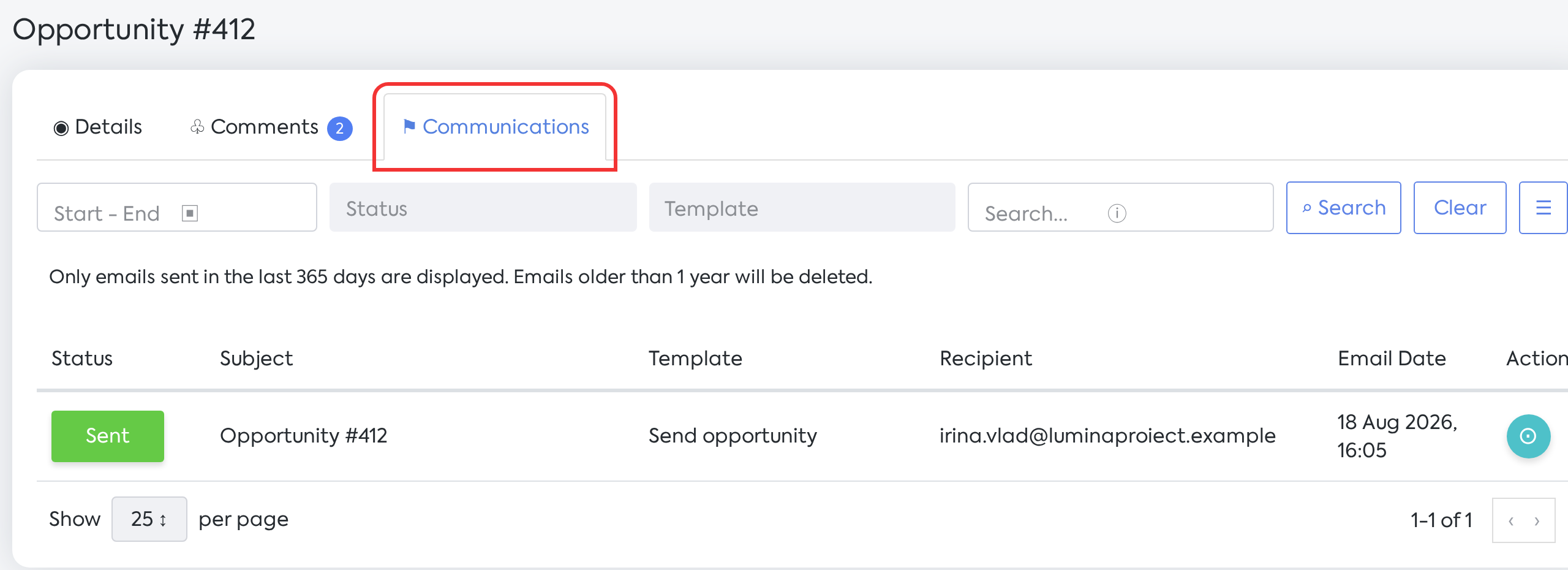 Opportunity #412: the email sent to the customer from the opportunity.