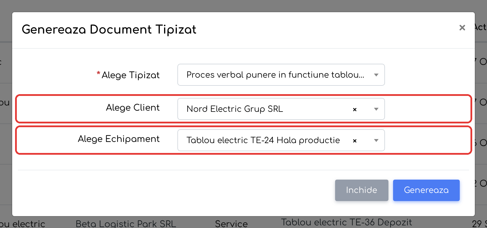 Generarea din Documente → Tipizate: pentru un șablon de service
apar Alege Client și Alege Echipament