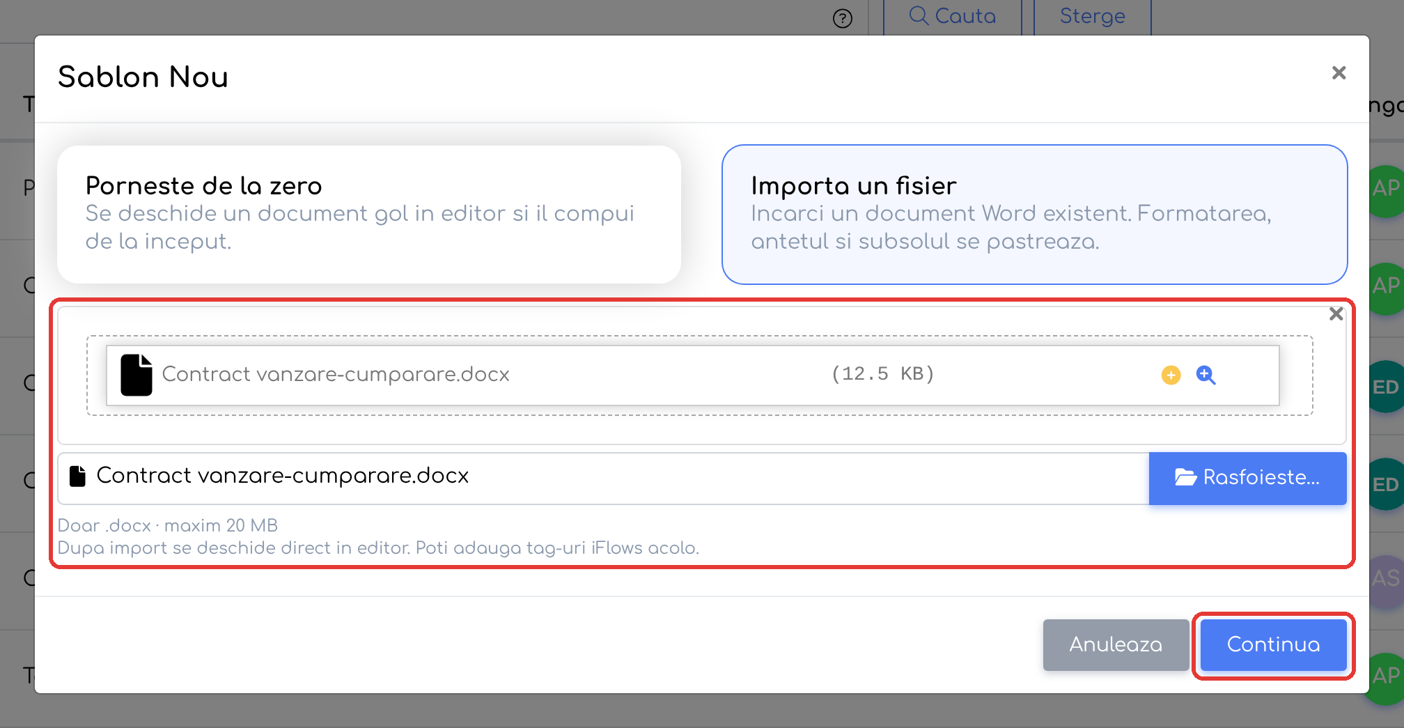Varianta Importa un fisier, cu documentul ales pentru import și butonul Continua.