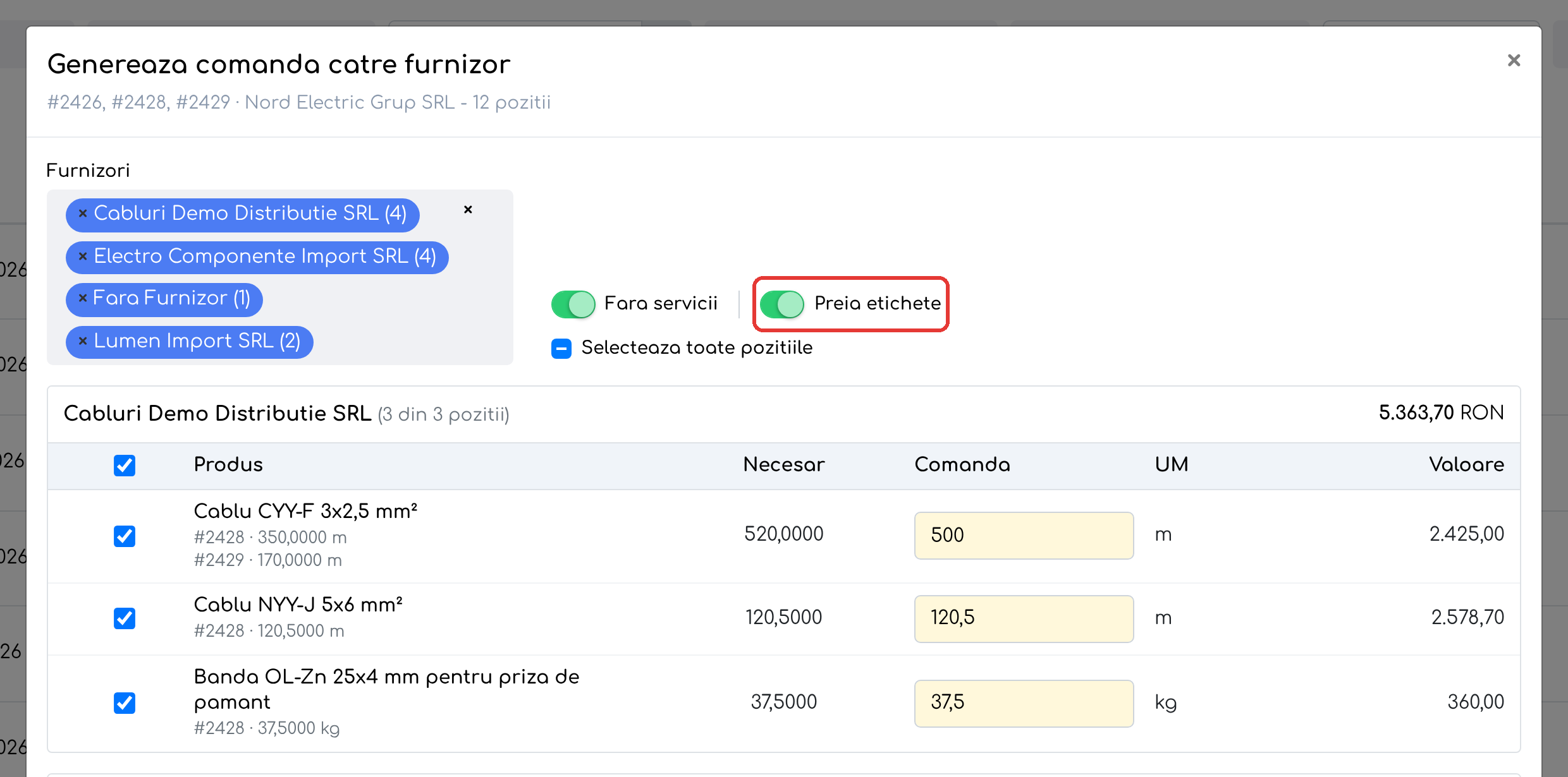 Fereastra de generare, cu opțiunea Preia etichete pornită.