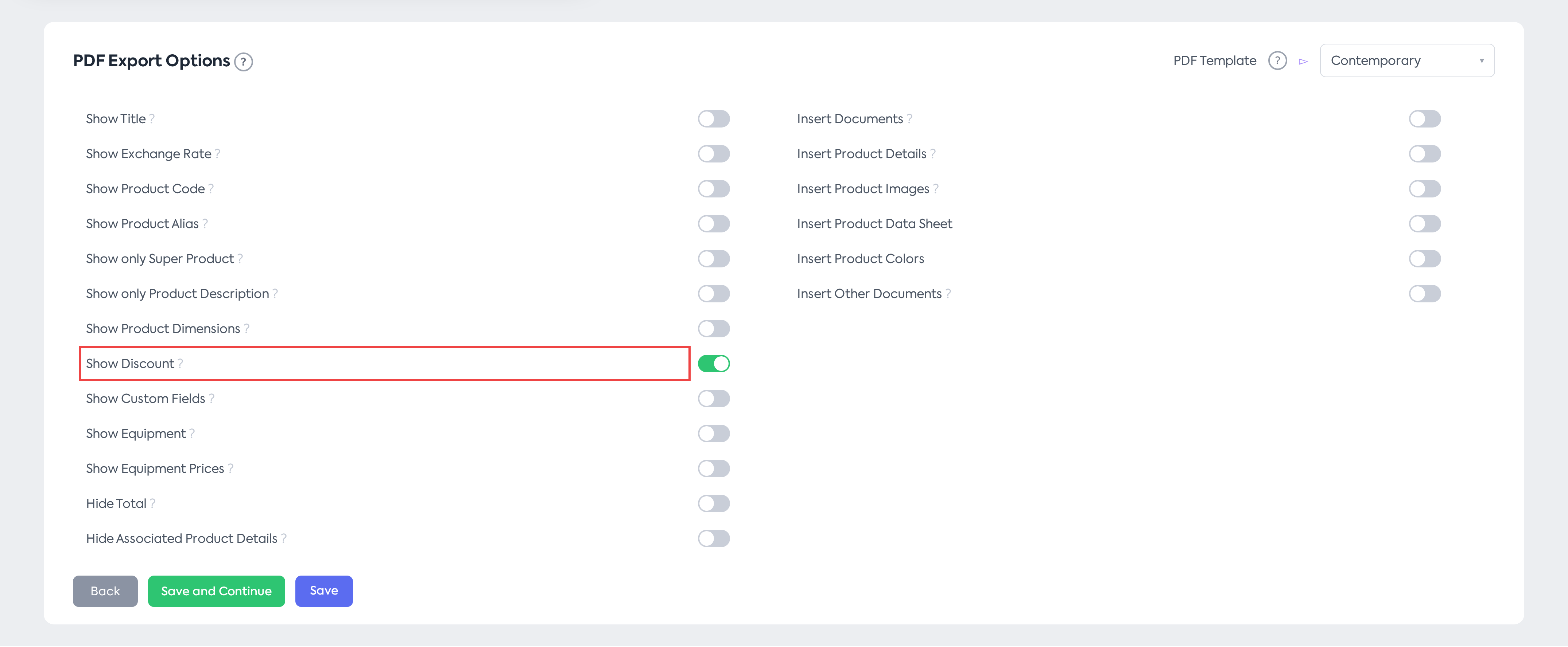 The Show Discount option enabled in PDF Export Options