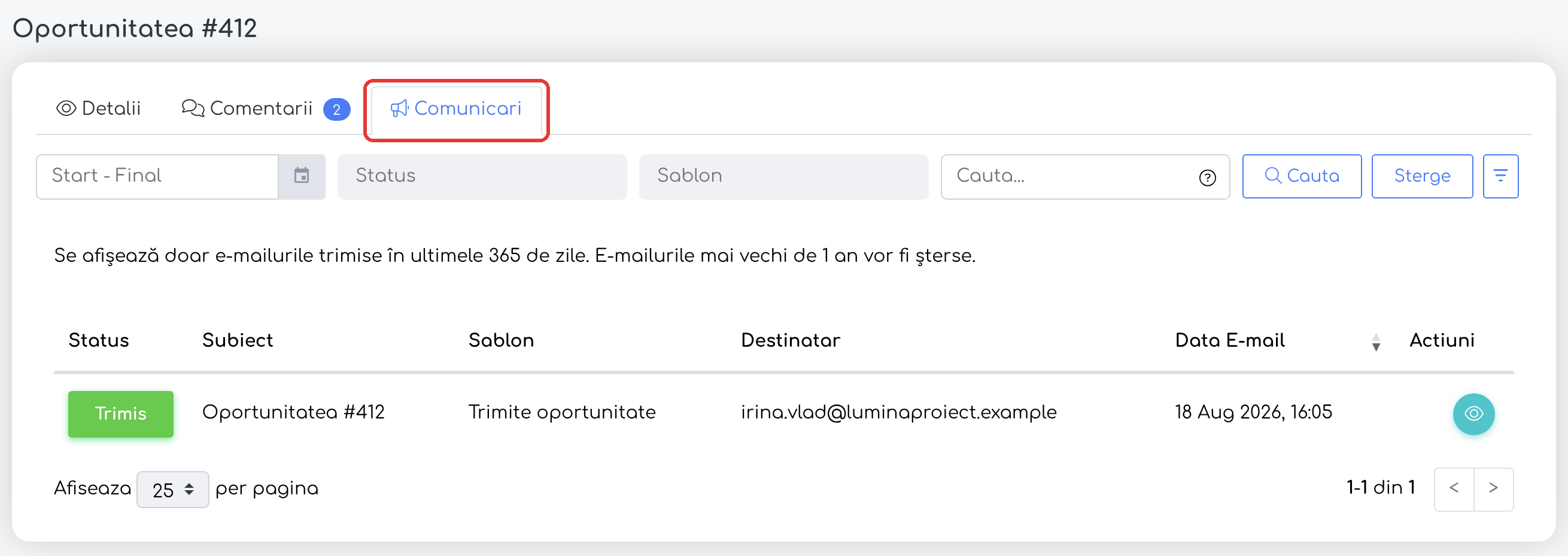 Oportunitatea #412: e-mailul trimis clientului din oportunitate.