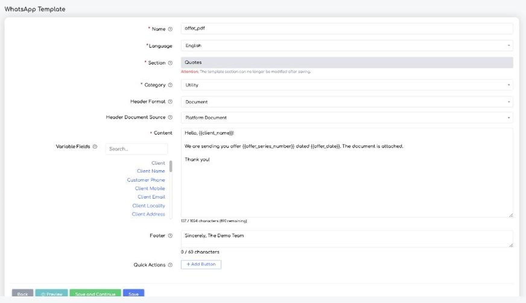 The WhatsApp template form, with name, language, section, category, header format, message content and footer