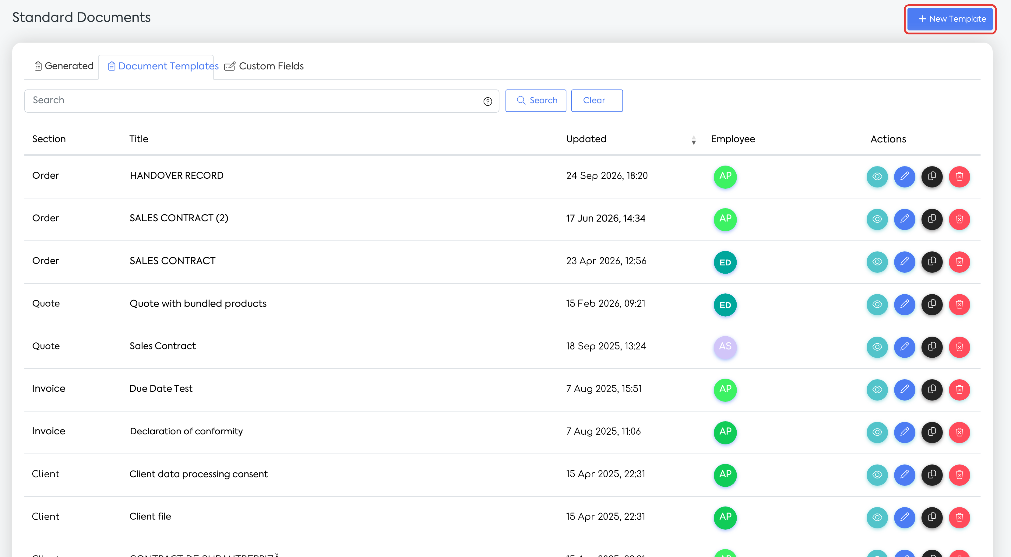 The Standard Templates tab, with the New Template button.
