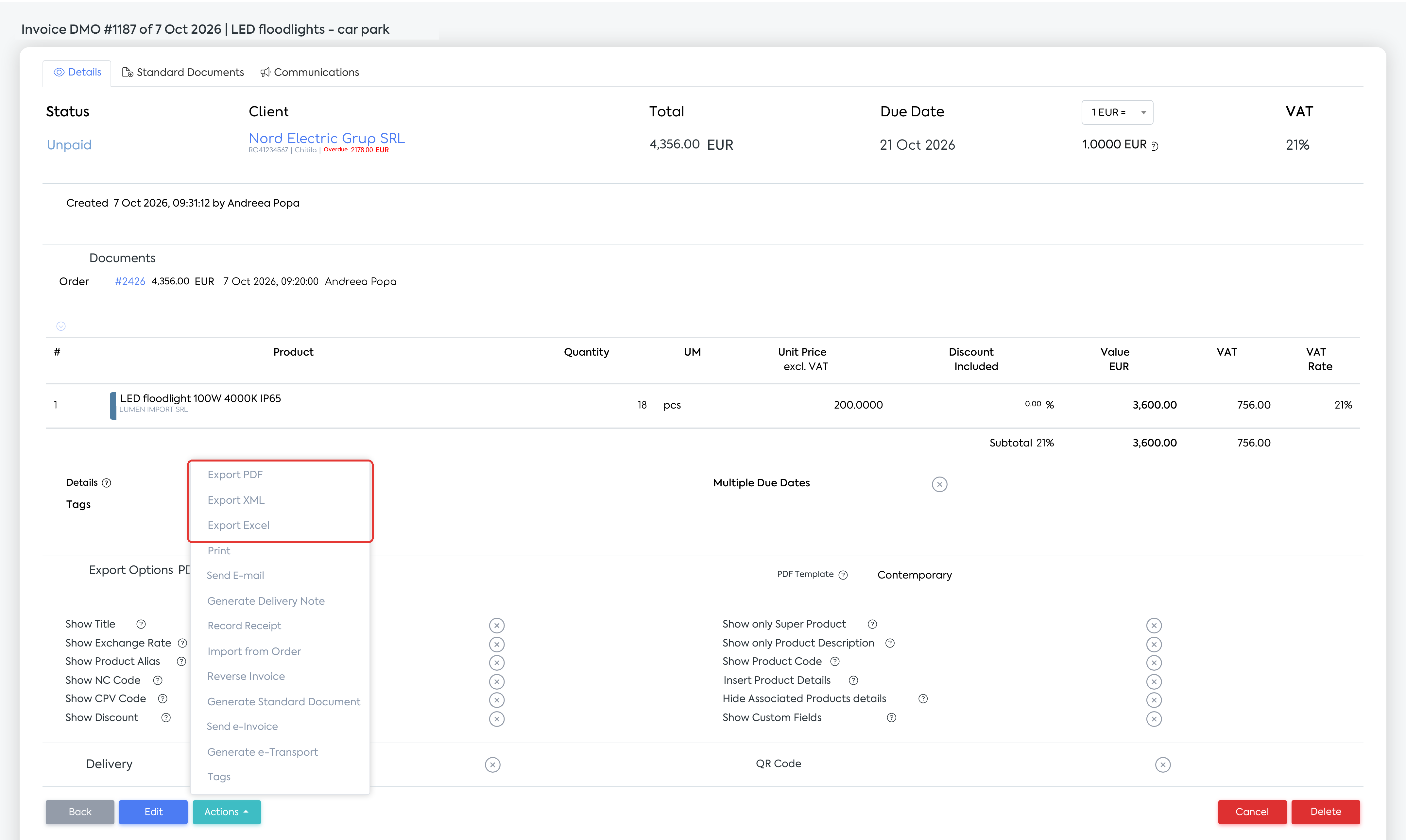 An invoice page: the Export PDF, Export XML and Export Excel options in Actions remain available even without Export Lists.