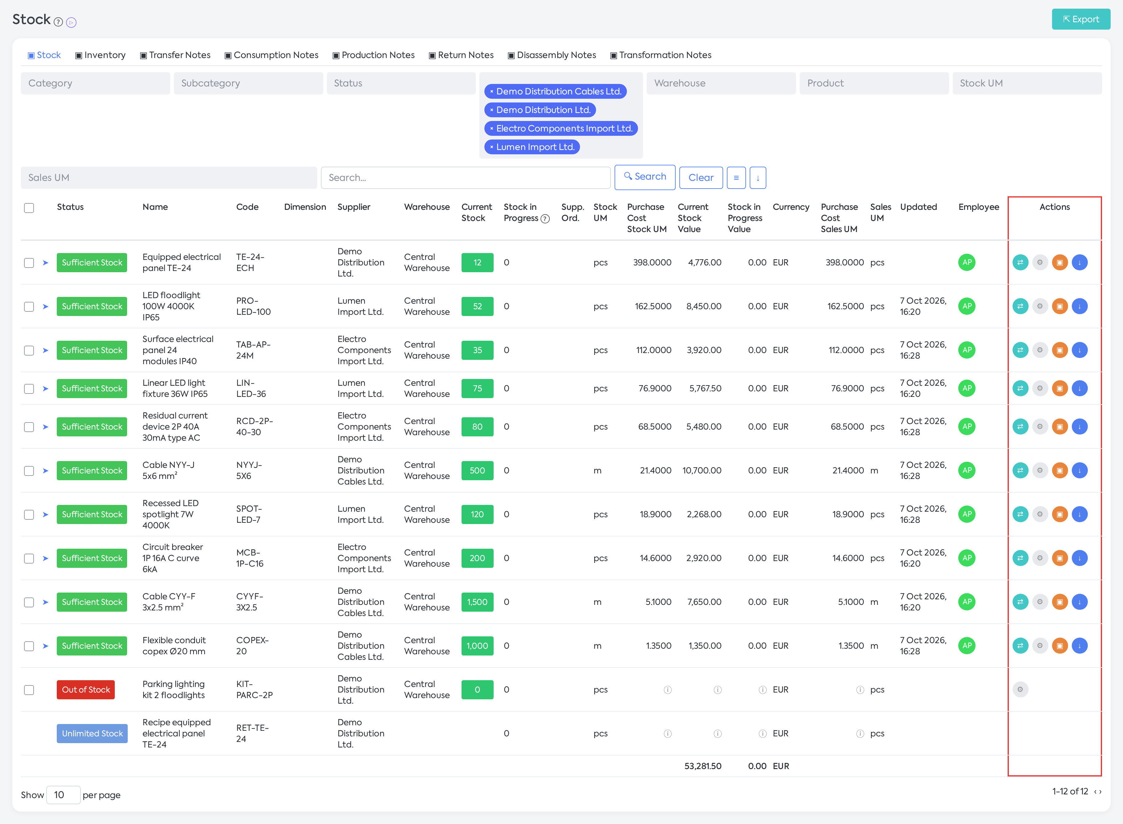 Stock page: services and service superproducts do not appear, and the row actions depend on the type