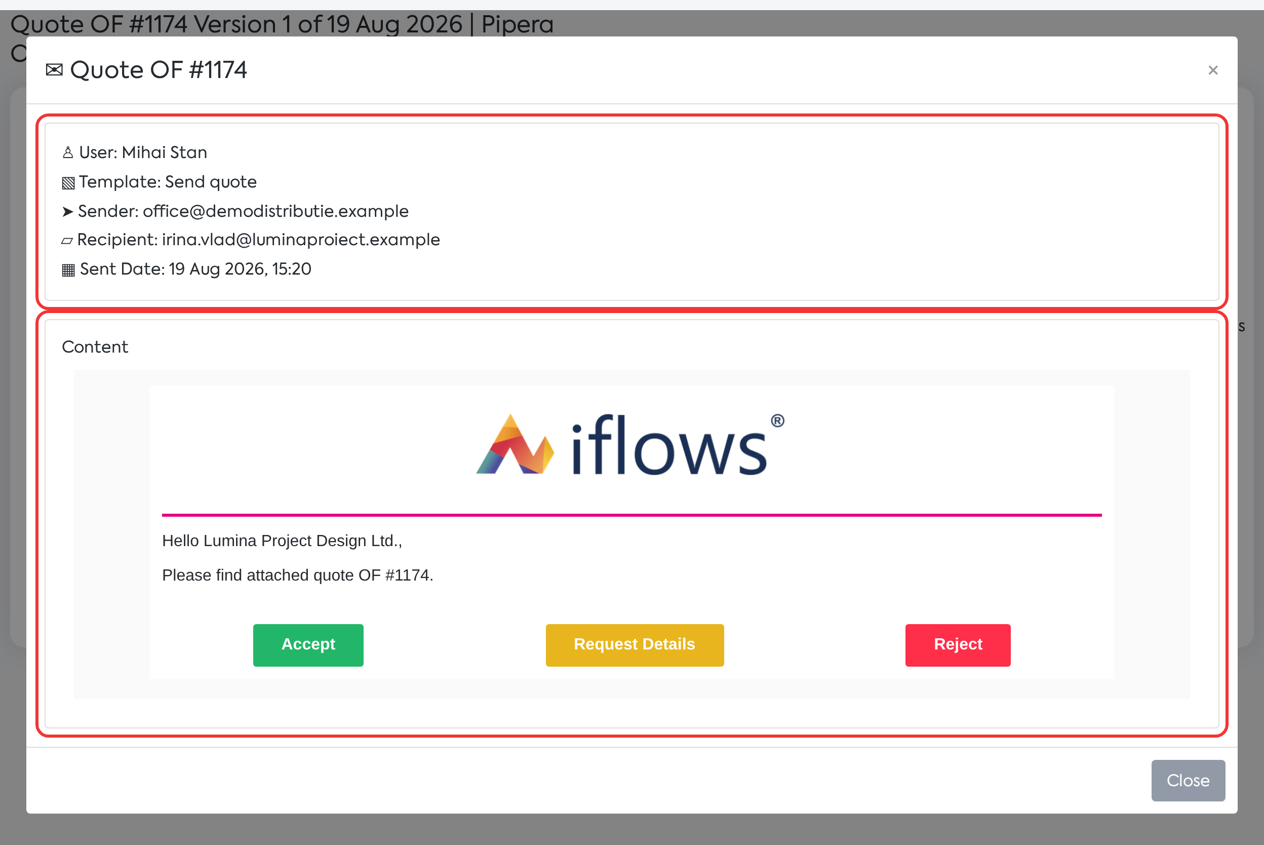 The Email Details window: the sending data and the content of the email with the quote.