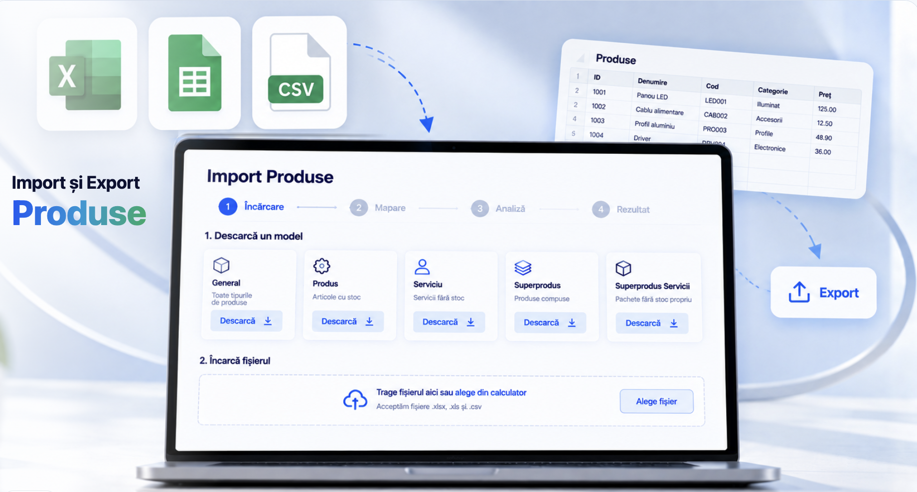 Import și Export Produse — pagina de import din fișier și exportul listei de produse