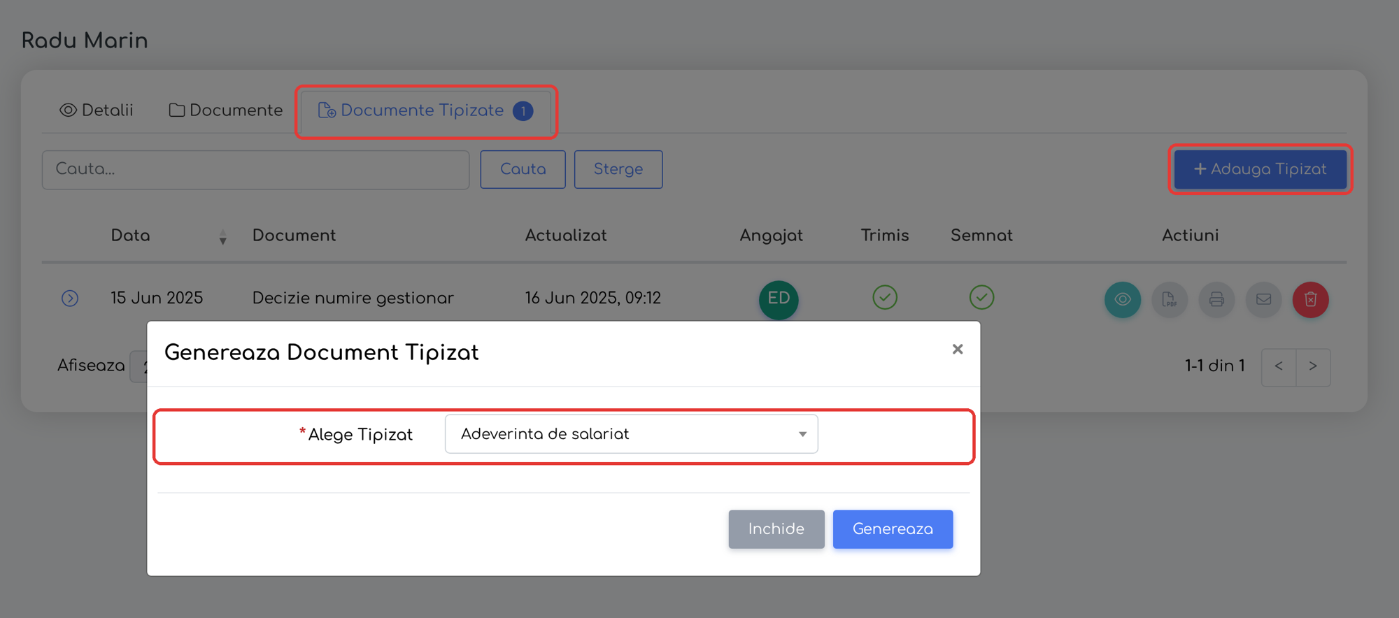 Alegerea șablonului din fila Documente Tipizate a angajatului.