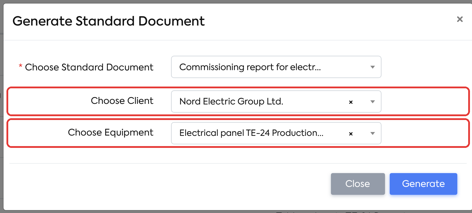 Generating from Documents → Standard Documents: for a service template, the Choose Client and Choose Equipment fields appear