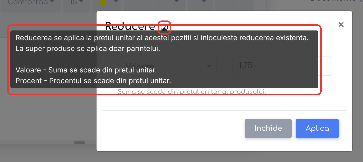 Explicația afișată la iconița ? din fereastra Reducere