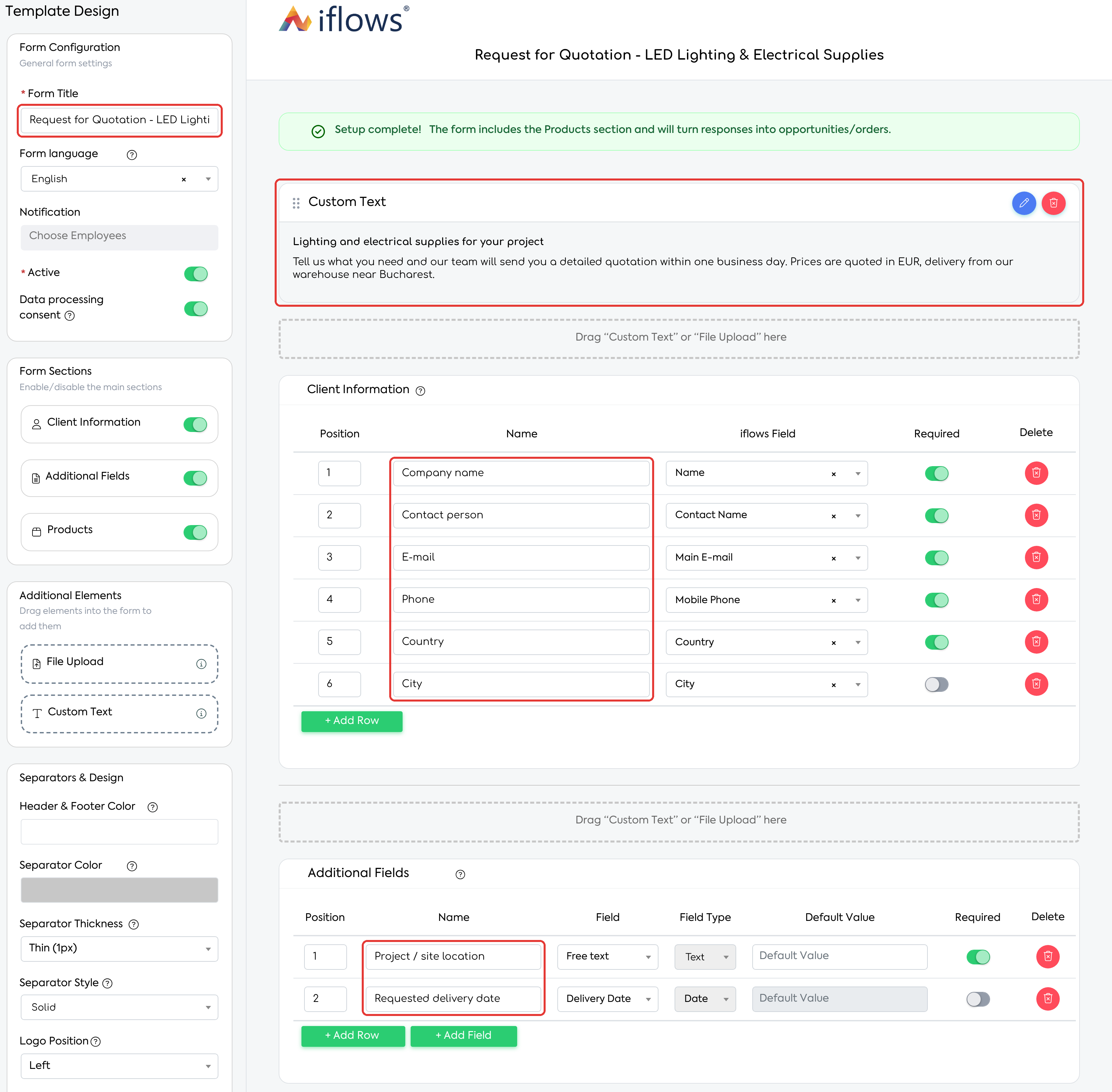The title, the custom text and the field labels, written directly in English.