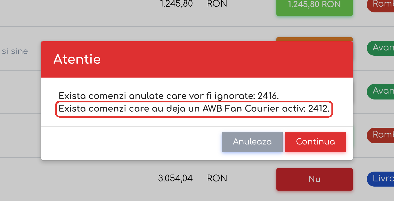 Când selecția conține și o comandă anulată, și una cu AWB activ, apar ambele mesaje.