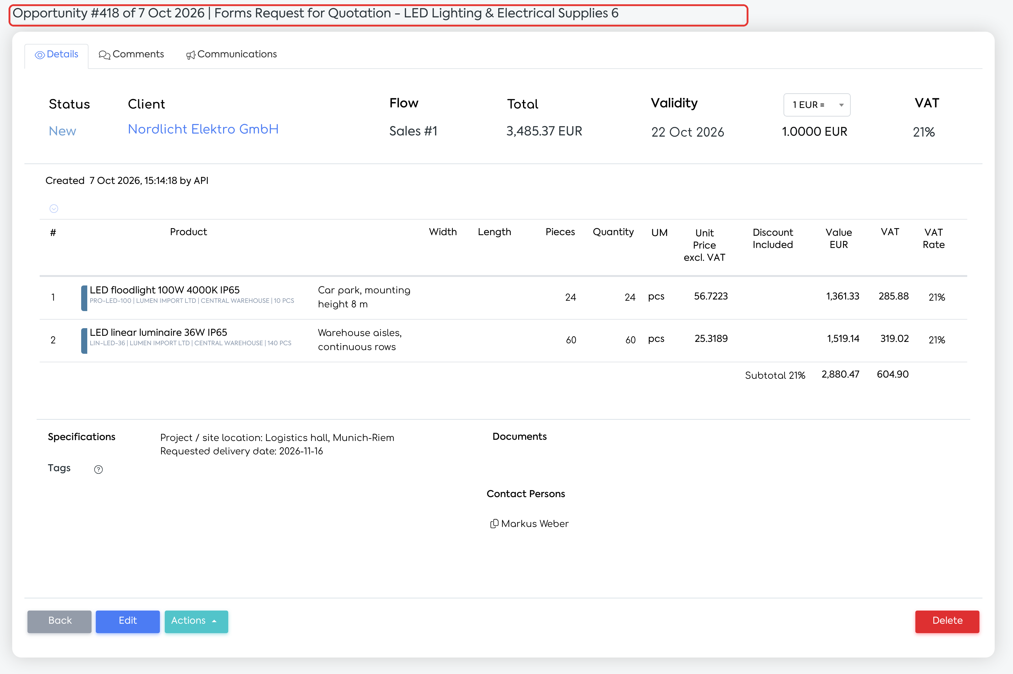The opportunity created from the form, with the automatically generated title and the answers from the additional fields under Specifications.