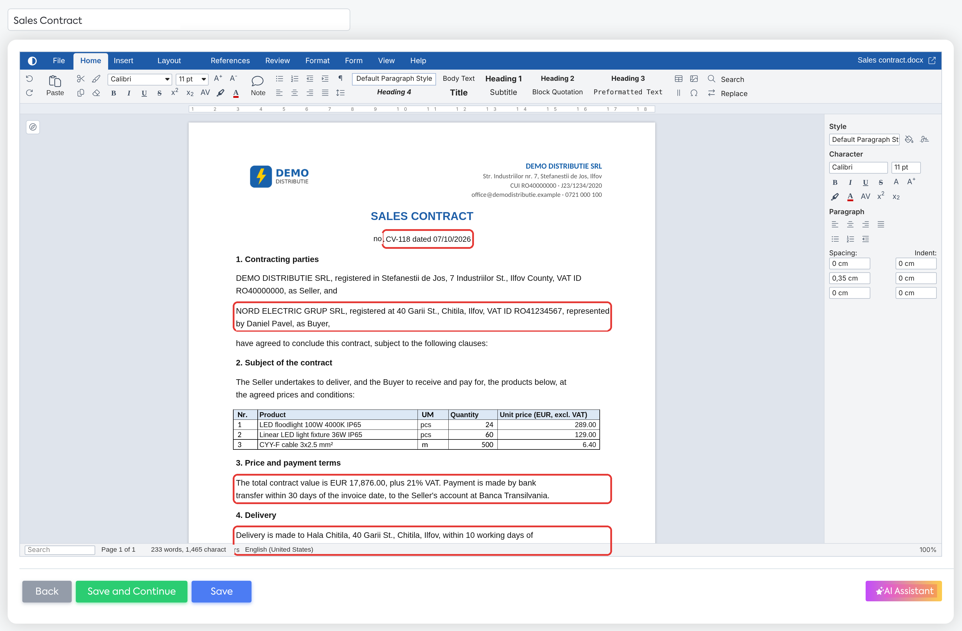 The document generated from the imported template: the client and contract data are filled in, and the Word formatting is preserved.