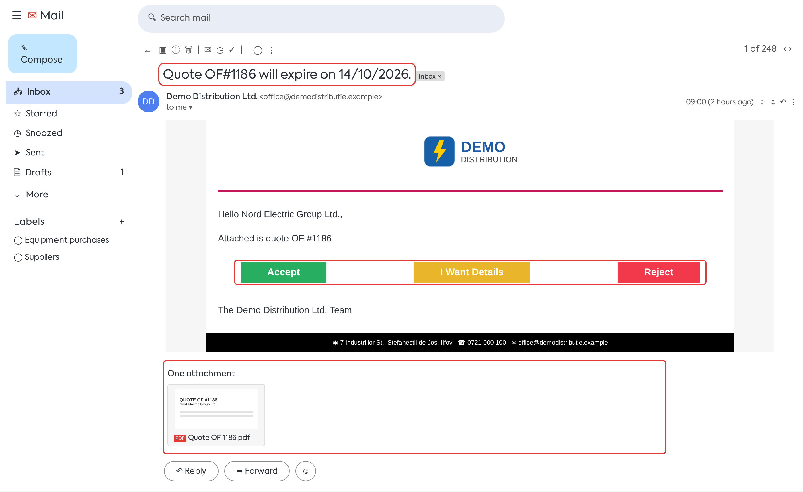 The reminder received by the client 7 days before expiration: the quote's PDF is attached, along with the response buttons