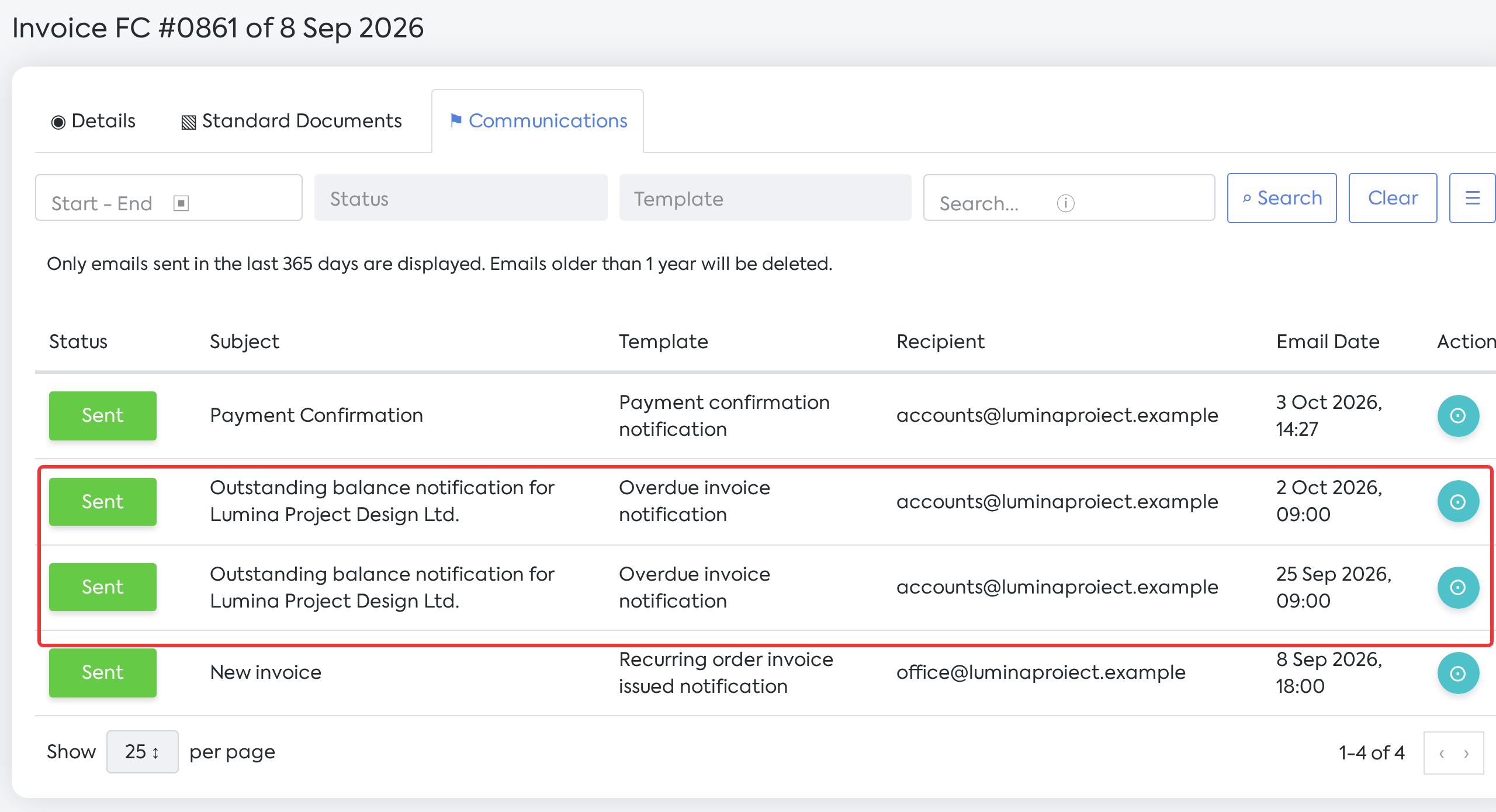Invoice FC #0861: the automatically issued invoice, two overdue balance reminders and the payment confirmation.