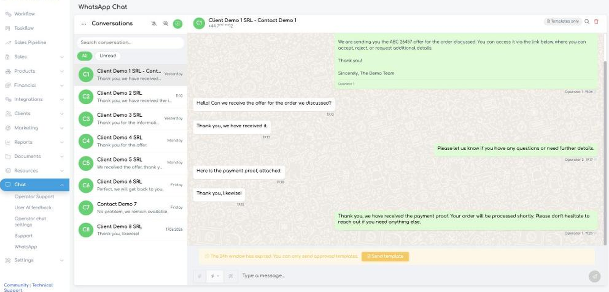 The shared WhatsApp inbox in iFlows, with the conversation list and an open conversation