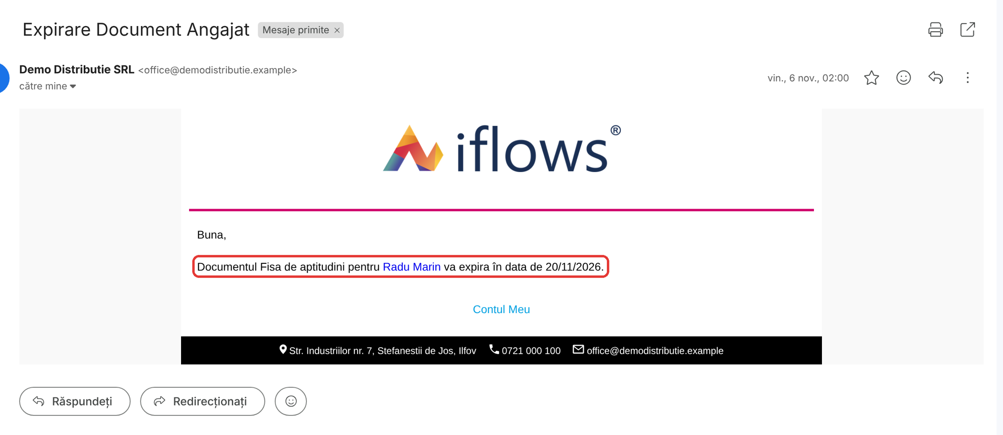 E-mailul primit de destinatari; numele angajatului este link către fișa lui.